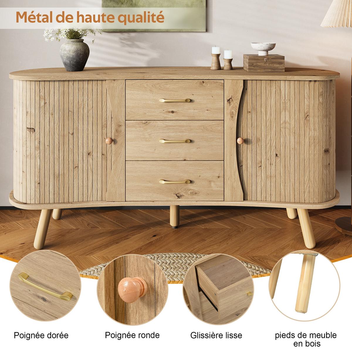 SIDEBOARD holzoptik & erbsenform 2 schiebetüren & 3 schubladen - Naturfarben, Holzwerkstoff (150/75/36.5cm) - Urban Meuble