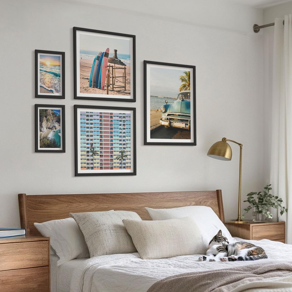 BILDER SET 5er Set - 50x50 cm & 20x30 cm & 40x60 cm Schwarzer Rahmen - Sonnenuntergang in Miami - Schwarz, Kunststoff (40/60cm) - TULUP