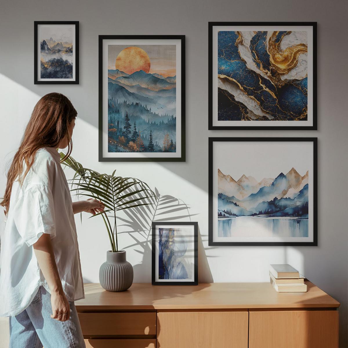 BILDER SET 5er Set - 50x50 cm & 20x30 cm & 40x60 cm Schwarzer Rahmen - Blaue Berglandschaften - Schwarz, Kunststoff (40/60cm) - TULUP