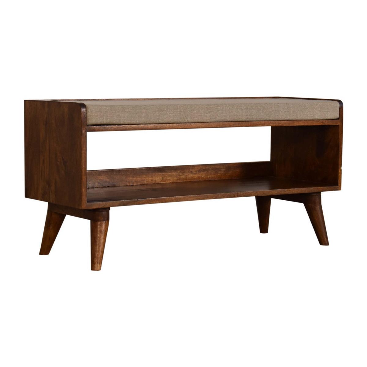 SCHUHBANK Massivholz Mud Leinen Nordic, Gepolsterte Sitzfläche und Offenes Regal zur Aufbewahrung, Dunkelbraun - Beige/Dunkelbraun, Mangoholz/Holz (90/45/34cm) - Artisan Furniture