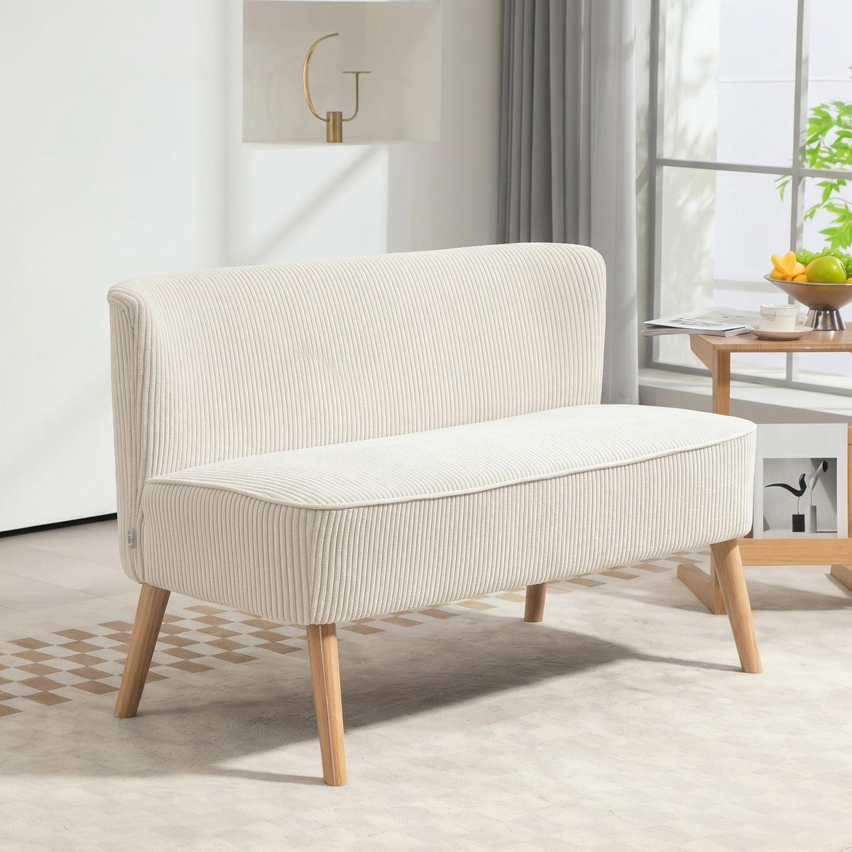 SOFA 2 Sitzer modern Couch ohne Armlehne Polstersofa mit Cord-Optik Cremeweiß - Perlmutt/Creme, Holz/Textil (56.5/77/117cm) - HOMCOM