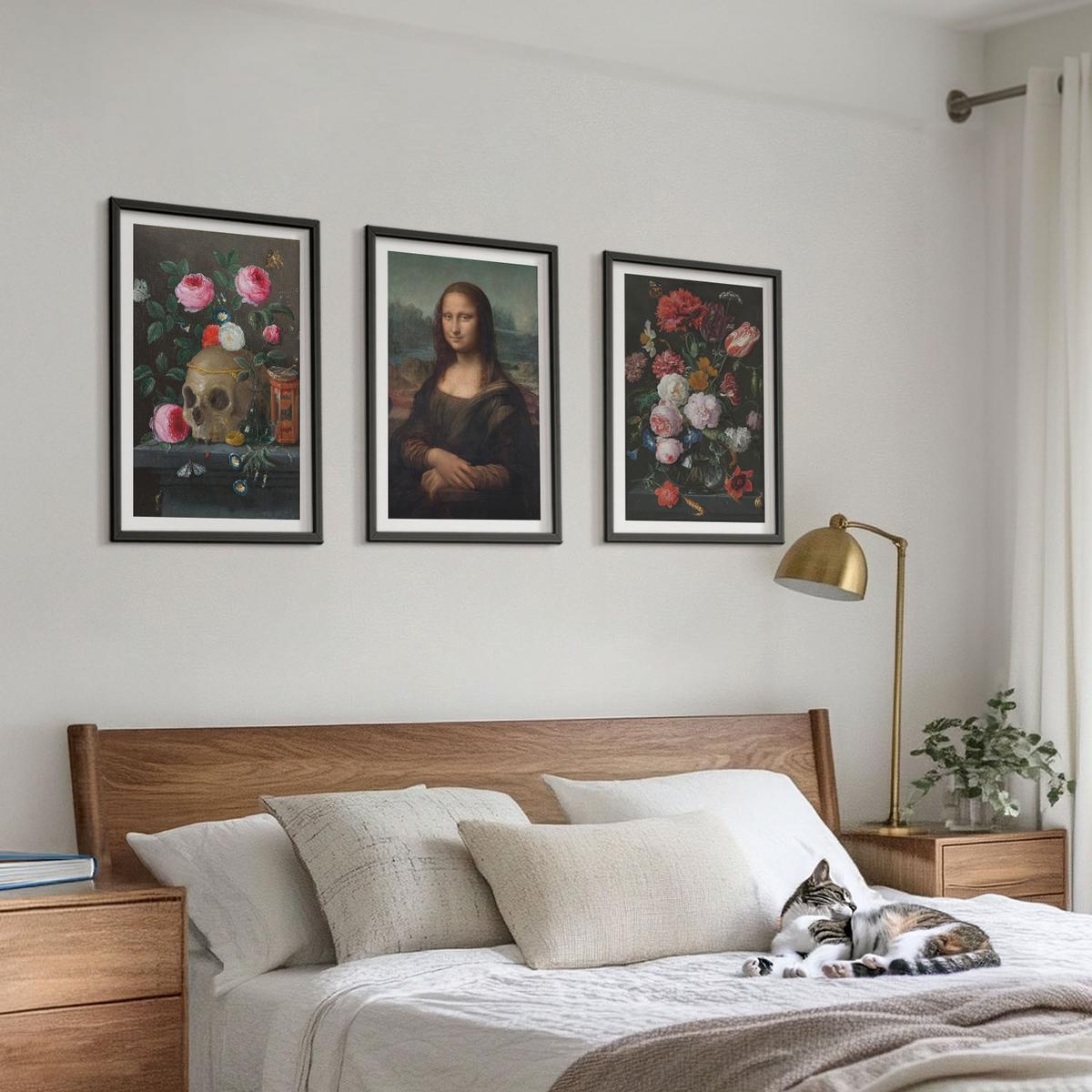 BILDER SET 3er Set - 40x60 cm Schwarzer Rahmen - Blumenschädel-Porträt Mona Lisa - Schwarz, Kunststoff (40/60cm) - TULUP