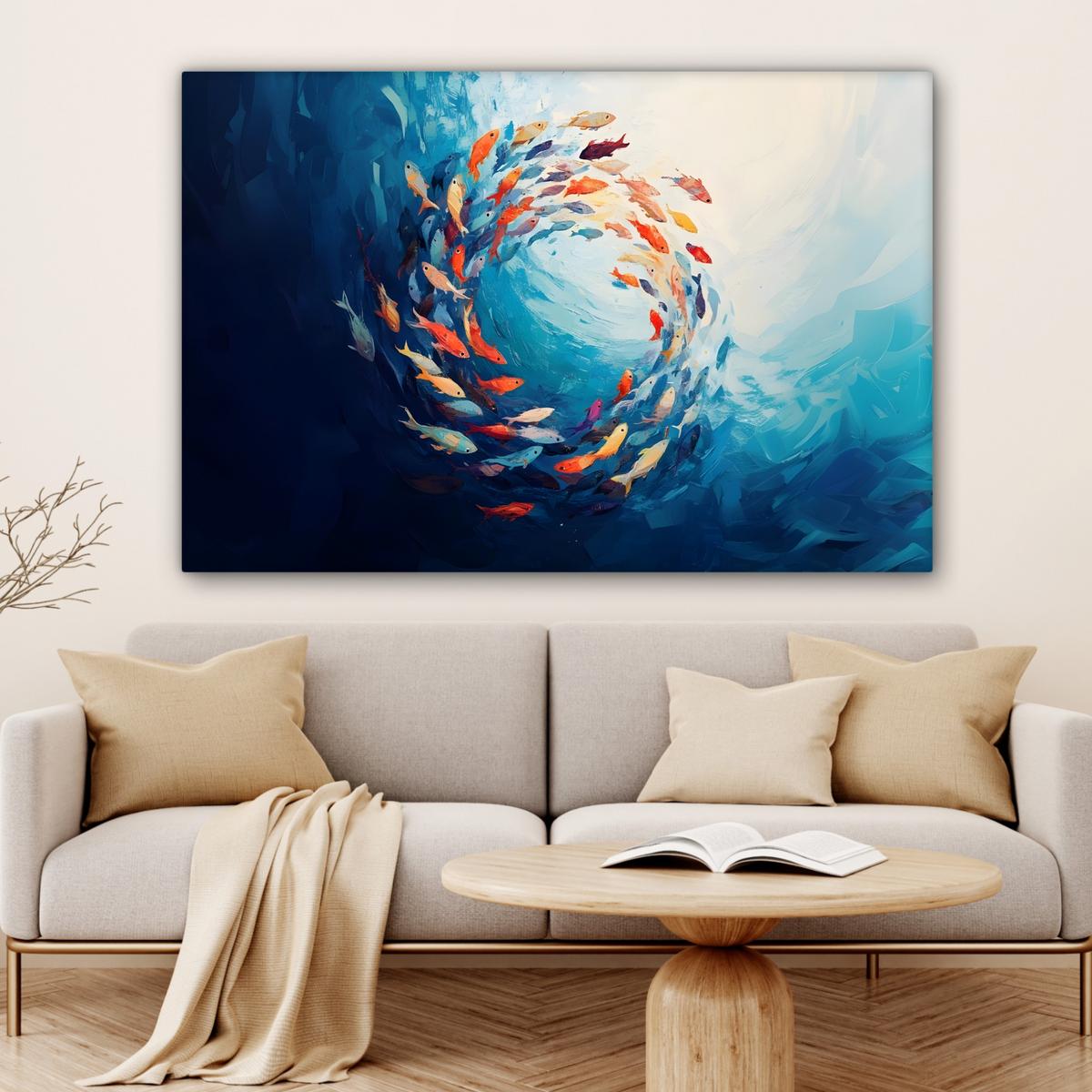 LEINWANDBILD Meer - Fische - Bunt - Dynamisch Wohnzimmer Groß 120x80 cm - Hellblau, Textil (120/80cm) - MuchoWow