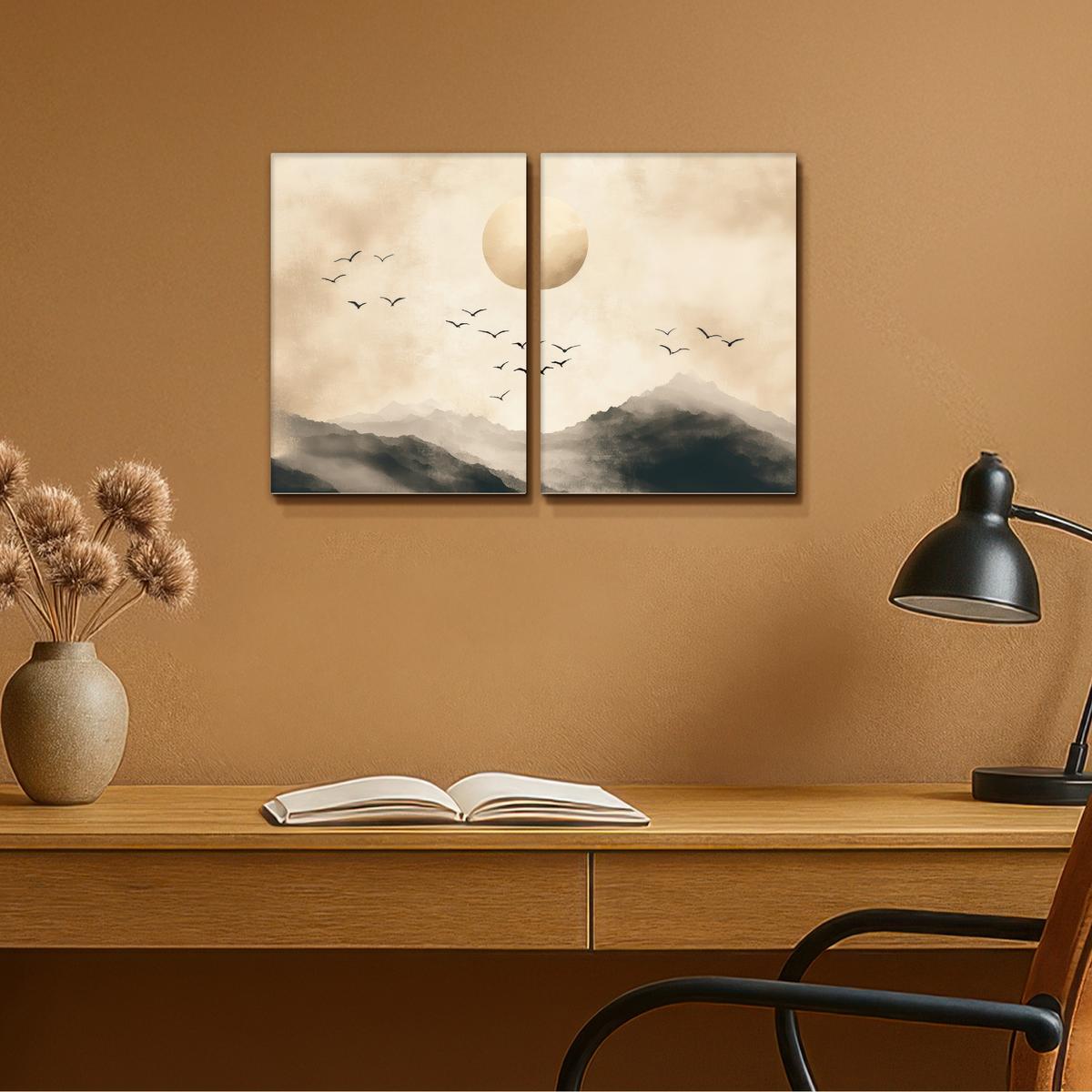 LEINWANDBILD 2er Set Landschaft - Japandi - Beige - Vögel 60x40 cm - Beige, Textil (60/40cm) - MuchoWow