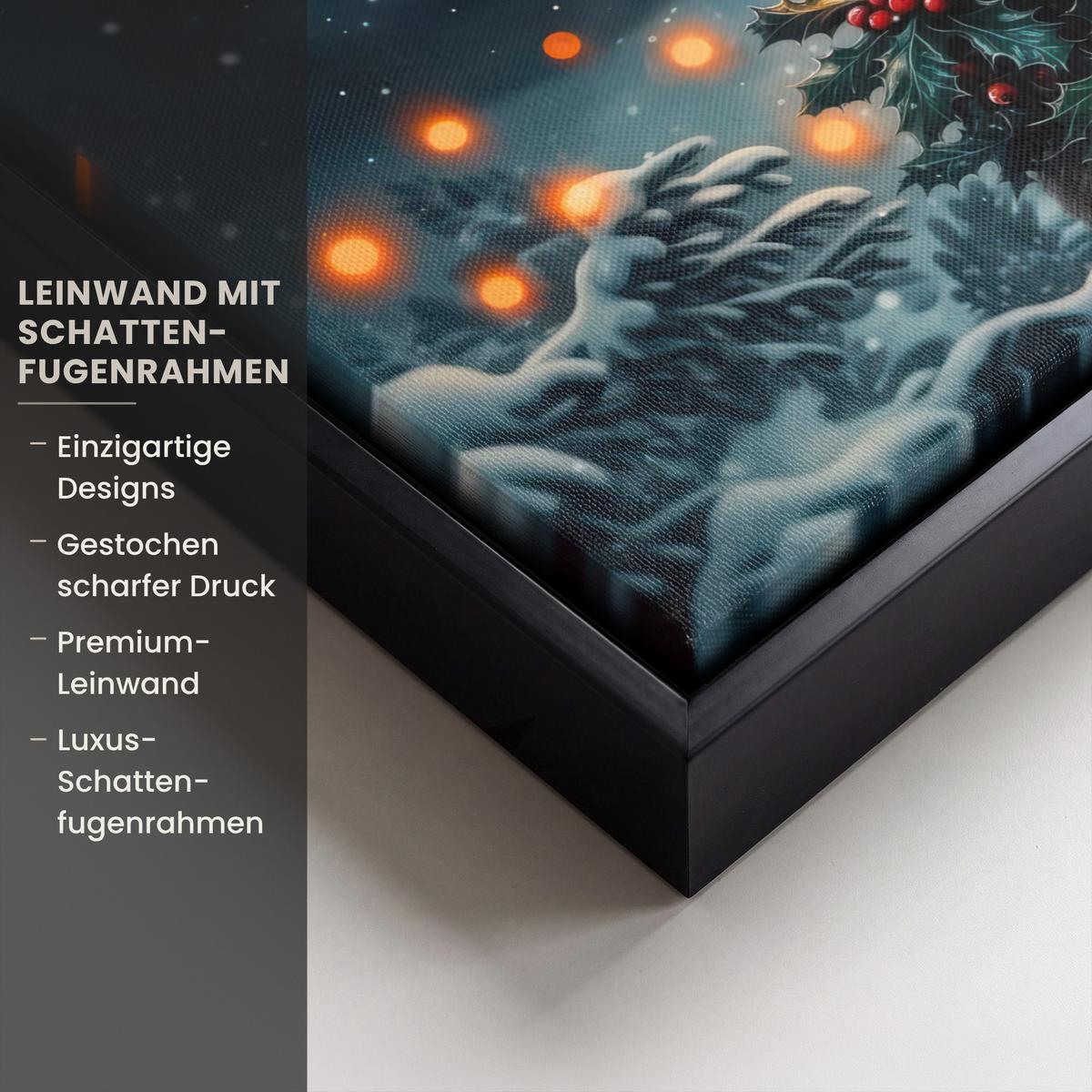 LEINWAND Bilder mit Rahmen - Hirsch - Weihnachten - Winter - Schnee - Weihnachtskranz - 40x30 - Dunkelbraun, Textil (40/30cm) - MuchoWow