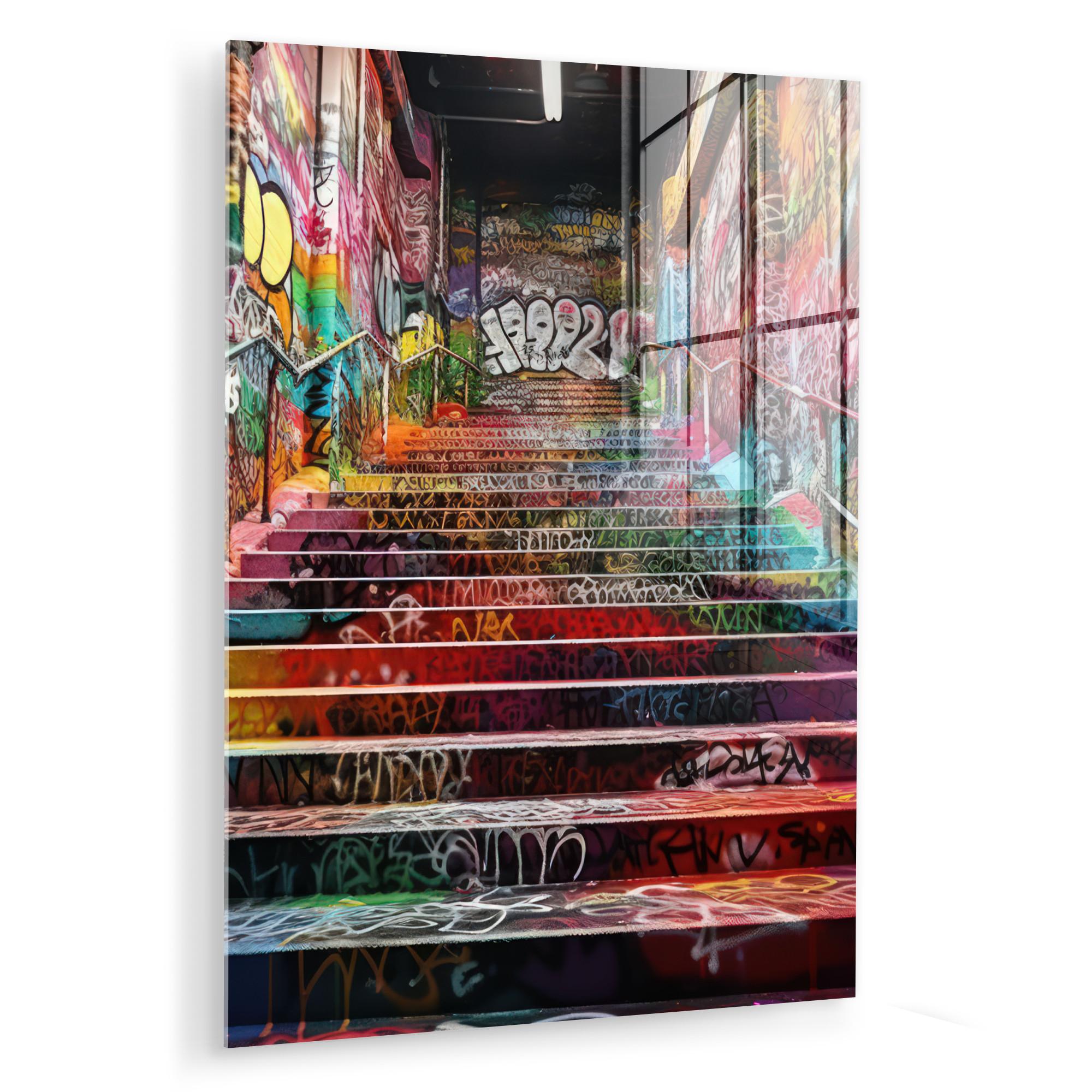 ACRYLGLASBILD Treppe - Graffiti - Farben - Kunst 60x80 cm - Multicolor, Glas (60/80cm) - MuchoWow