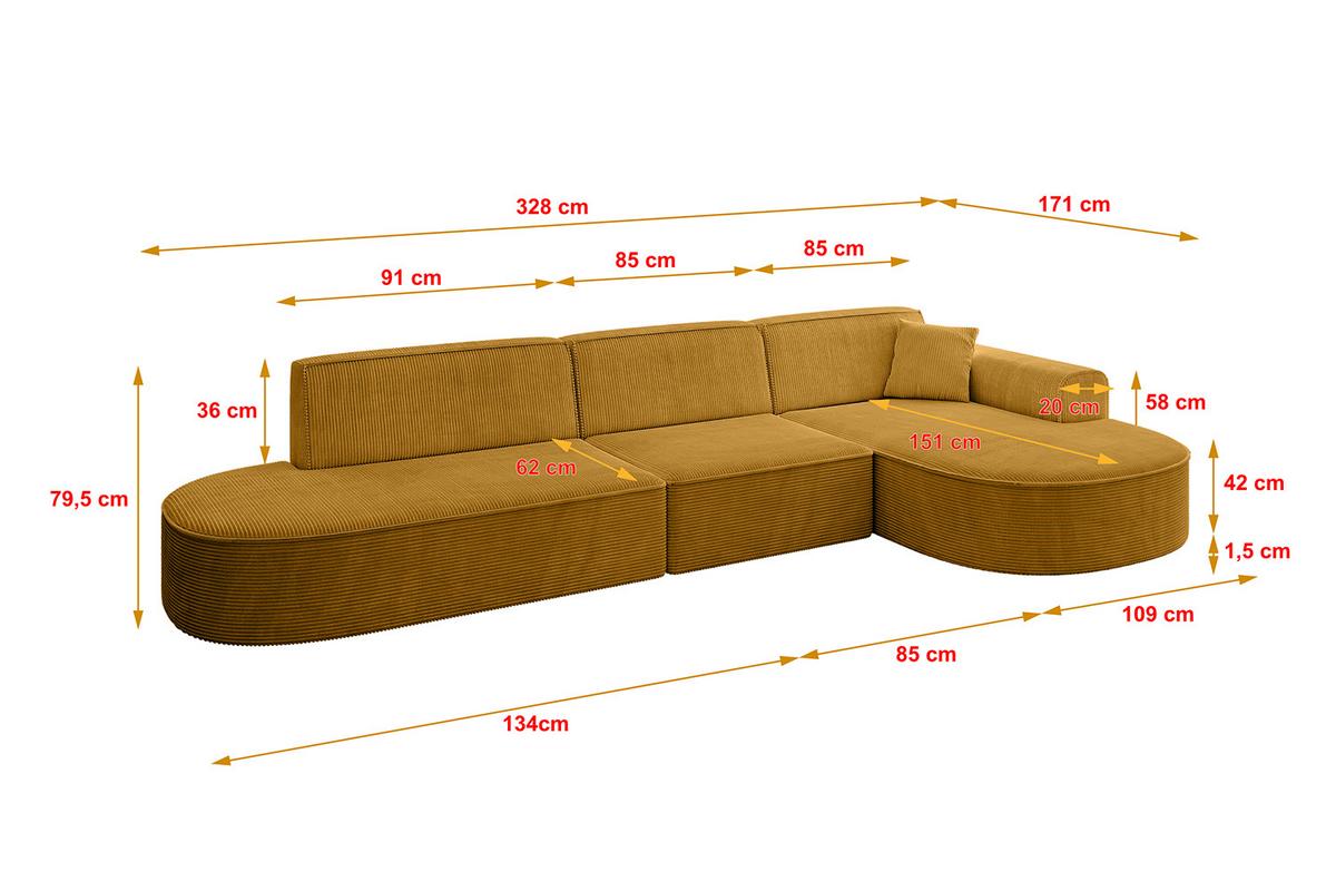 ECKSOFA Ottomane Rechts MARI-L2 - 328x171x79 cm Senfgelb Cord - Gelb/Schwarz, Holzwerkstoff/Kunststoff (171/328cm) - ALTDECOR