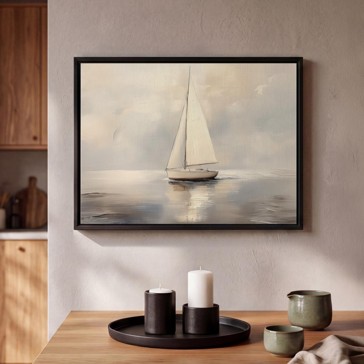 LEINWAND Bilder mit Rahmen - Segelschiff - Meer - Bewölkt - 40x30 - Creme, Textil (40/30cm) - MuchoWow
