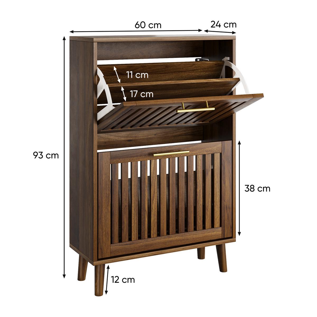 SCHUHSCHRANK 60 cm Walnussoptik mit 2 Klappfächern, offenem Regal und Metallgriff für Flur - Walnussfarben, Holzwerkstoff (60/93/24cm) - Urban Meuble