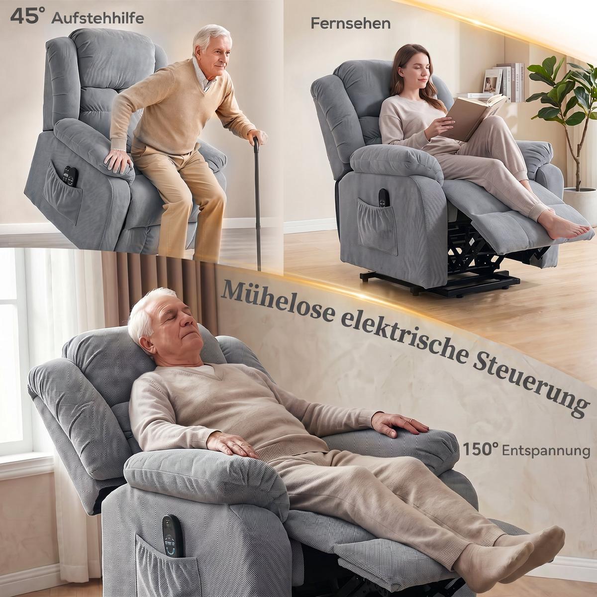 FERNSEHSESSEL-MIT-AUFSTEHHILFE Polyester Stahl Hellgrau - Hellgrau/Schwarz, Textil/Metall (92/104/102cm) - HOMCOM