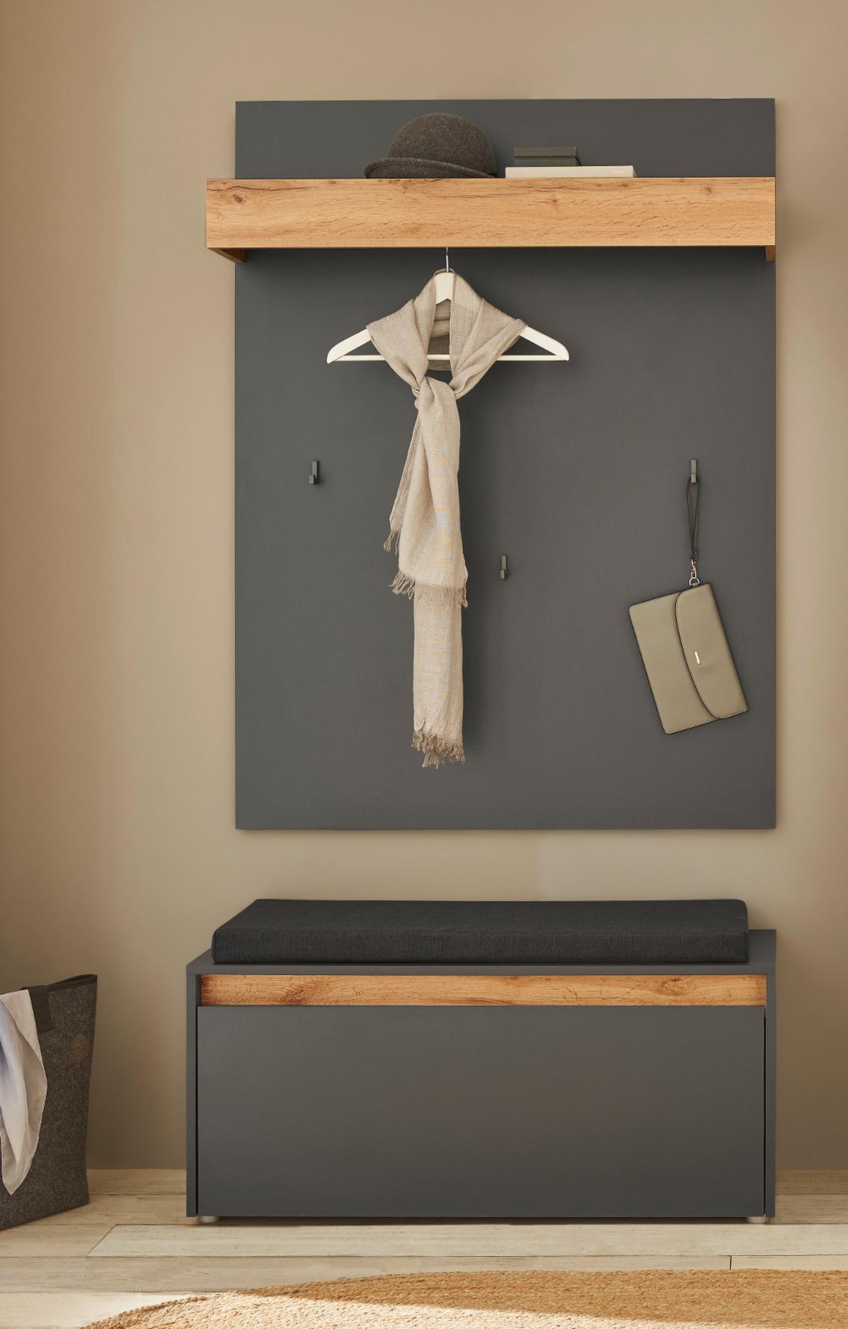 GARDEROBENPANEEL grau matt, Eiche Wotan 100 cm, Wandgarderobe mit Kleiderstange - Eiche Wotan/Grau, Holzwerkstoff/Metall (100/135/25cm) - Furn.Design