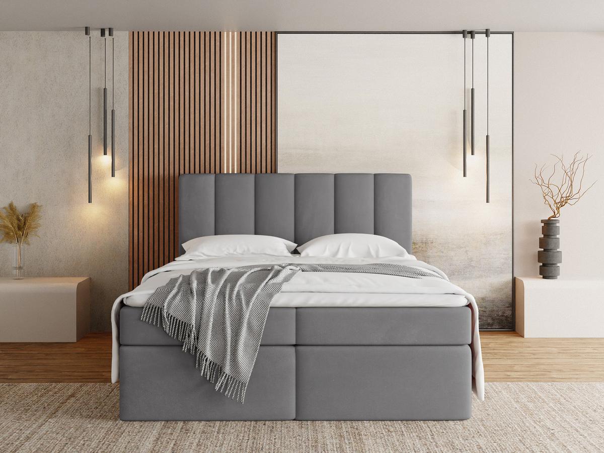 BOXBETT Amira mit Bettkasten, Samt Grau 140/200 cm – 7-Zonen Taschenfederkern-Matratze & Komfortschaum-Topper - Schwarz/Grau, Kunststoff/Textil (140/200cm) - WFL GROUP