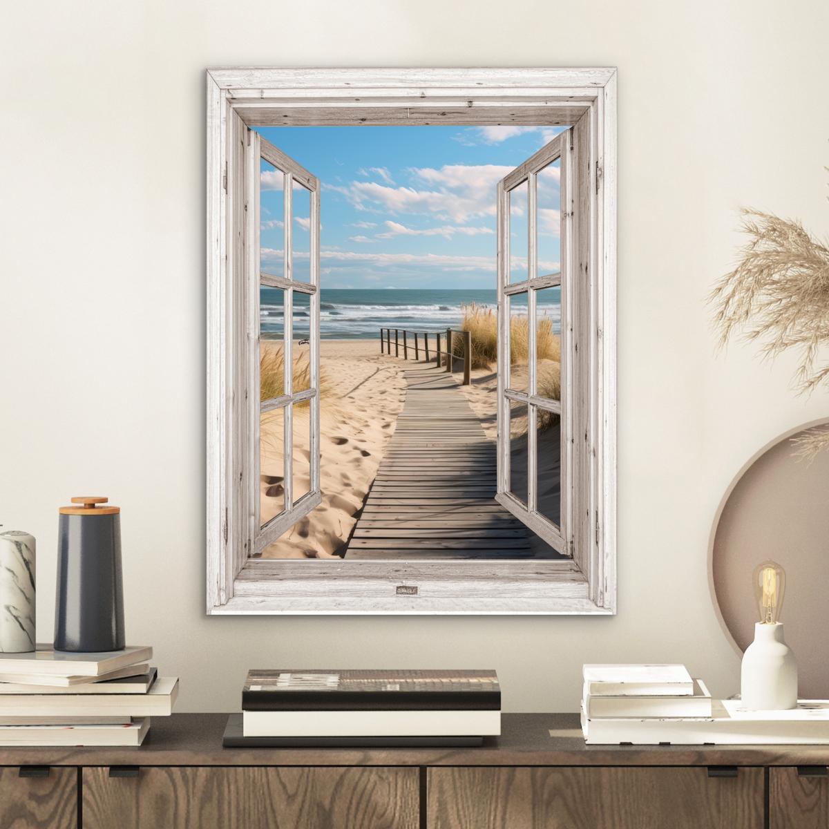 METALLBILD Fenster - Meer - Küste - Natur - Ausblick - Strand - Wattenmeer 30x40 cm - Beige, Metall (30/40cm) - MuchoWow