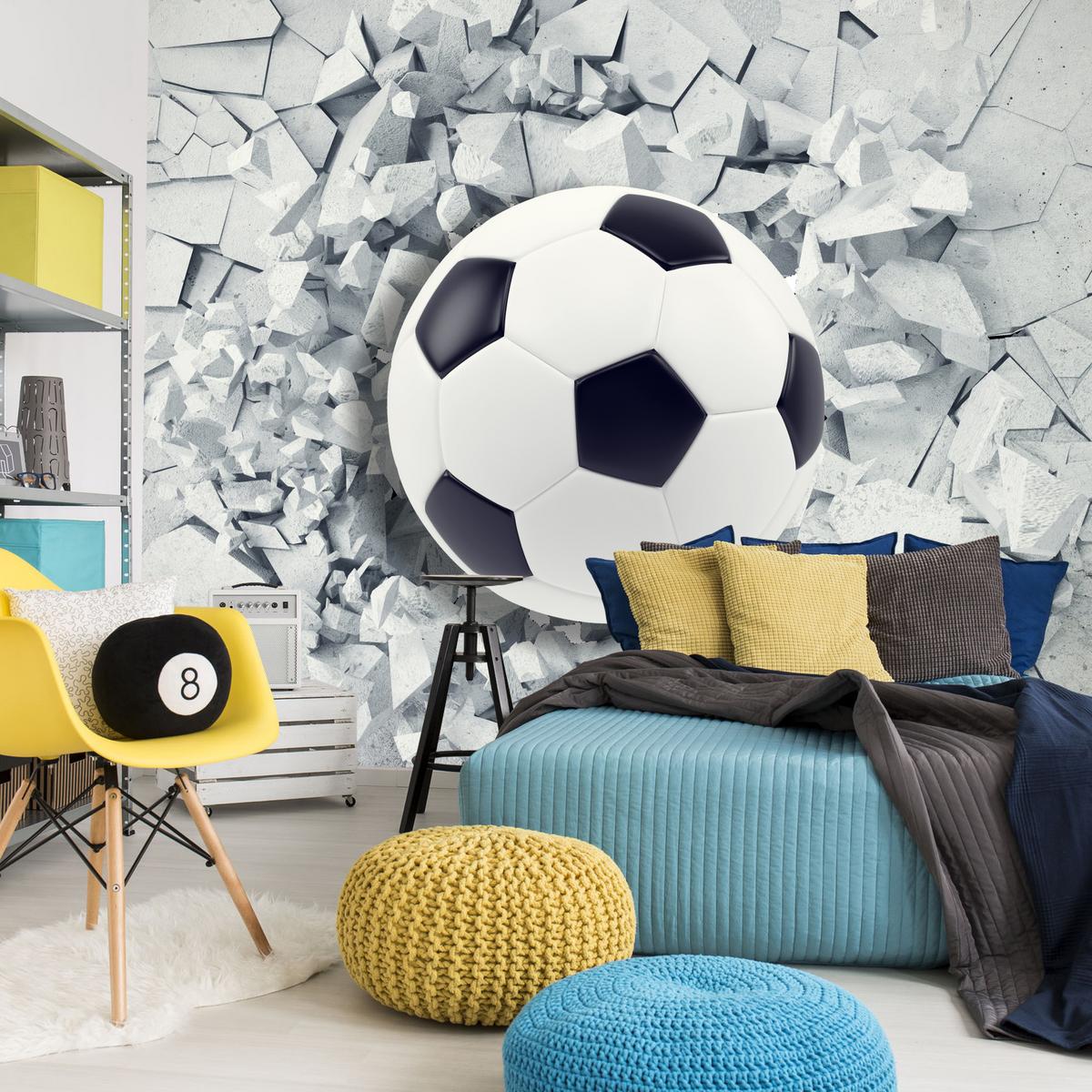 FOTOTAPETE für Kinderzimmer Fußball Riss Graue Wand Dynamik Sport 300x210 - Schwarz/Weiß, Papier (300/210cm) - Muralo