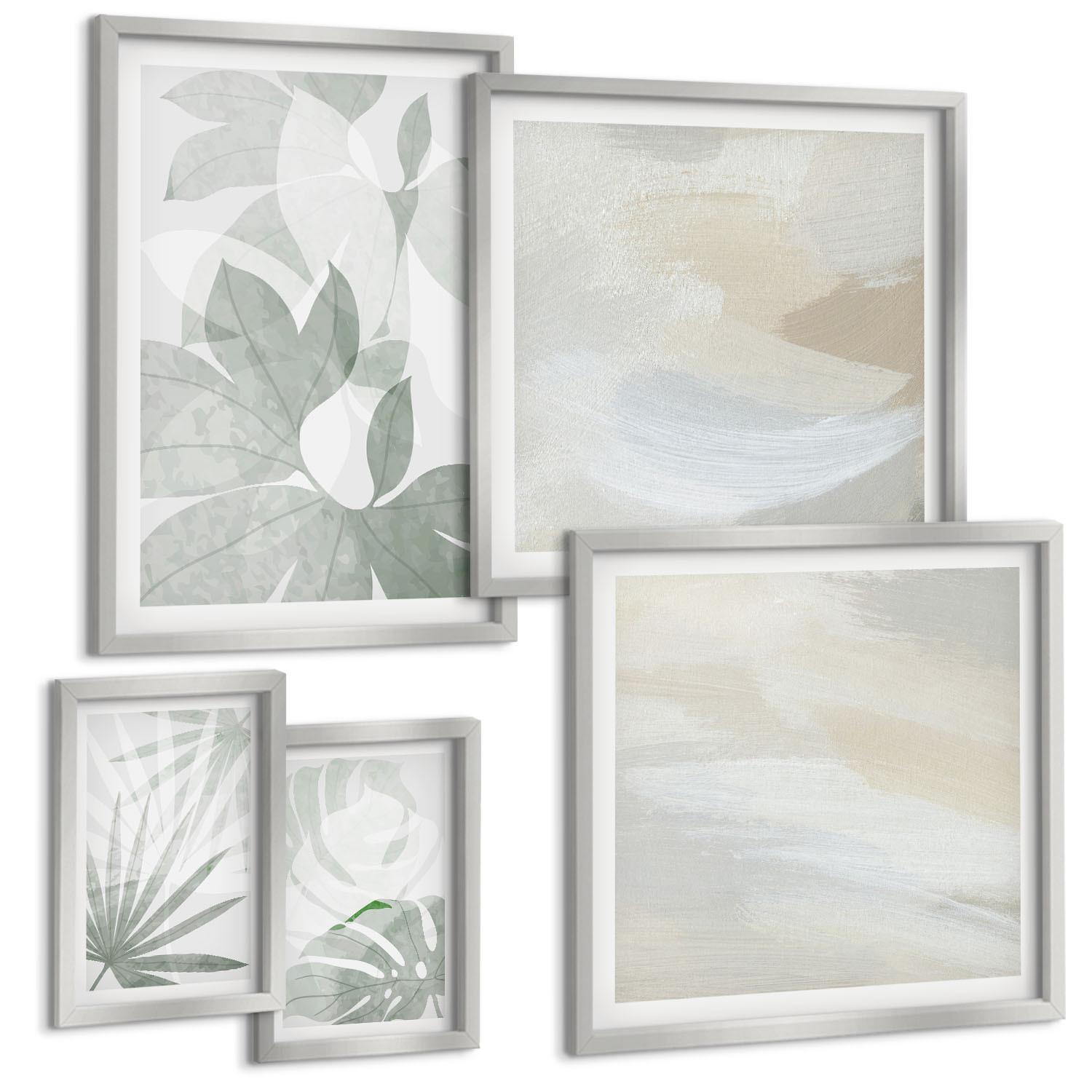 BILDER SET 5er Set - 50x50 cm & 20x30 cm & 40x60 cm Silberner Rahmen - Die Blätter der Pflanzen sind grünlich-grau. - Silberfarben, Kunststoff (40/60cm) - TULUP