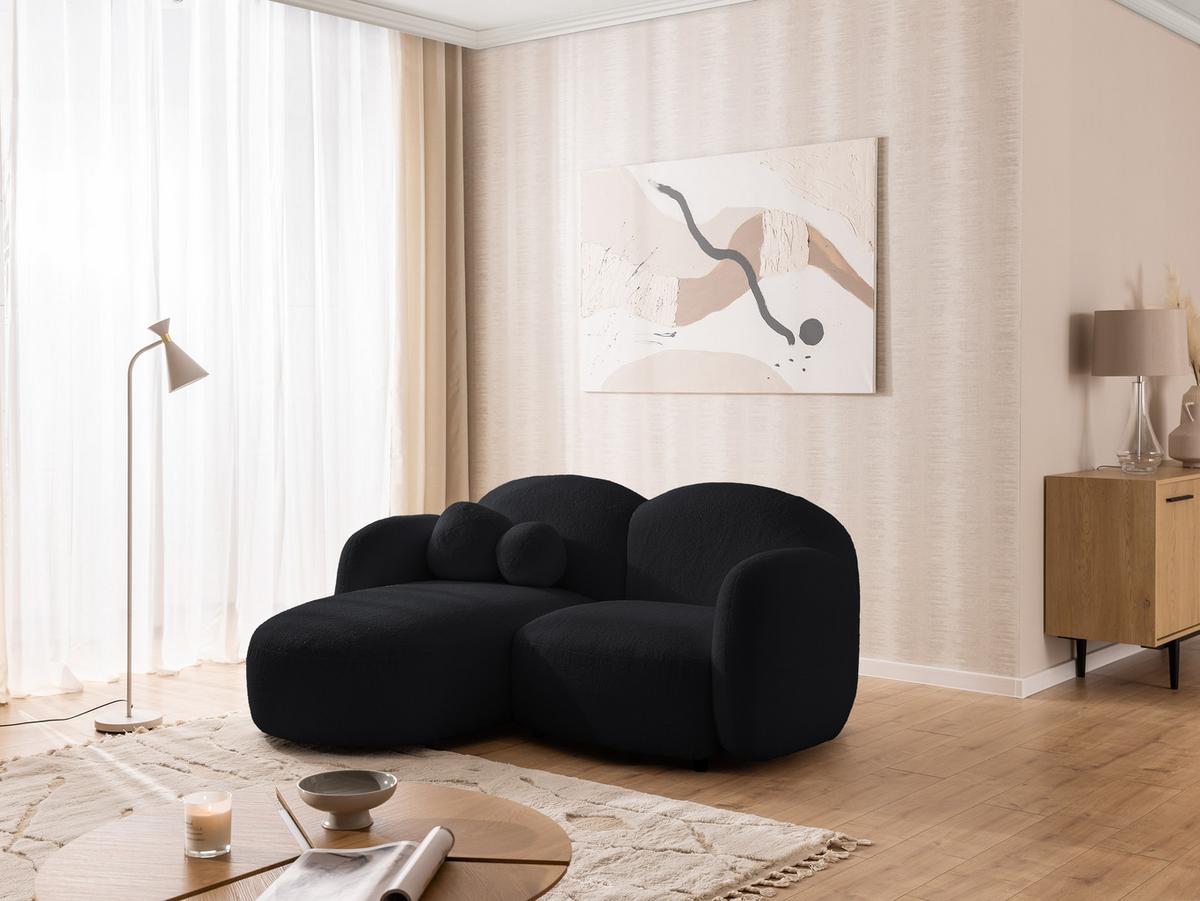 ECKSOFA Nuvola mit abgerundetem Design Schwarz Bouclé-Stoff - Ottomane Links - Schwarz, Holz/Kunststoff (190/146cm) - S-Style Möbel