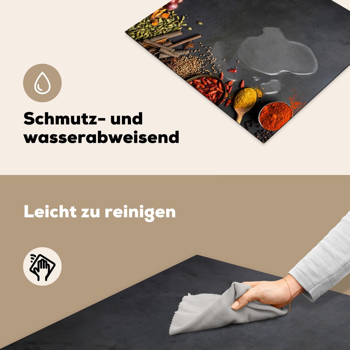 HERDABDECKPLATTE Kräuter - Lebensmittel - Gewürze - Schwarz - Paprika - Zimt Ceranfeldabdeckung 59x52 cm - Currygelb, Kunststoff (59/52/0.2cm) - MuchoWow