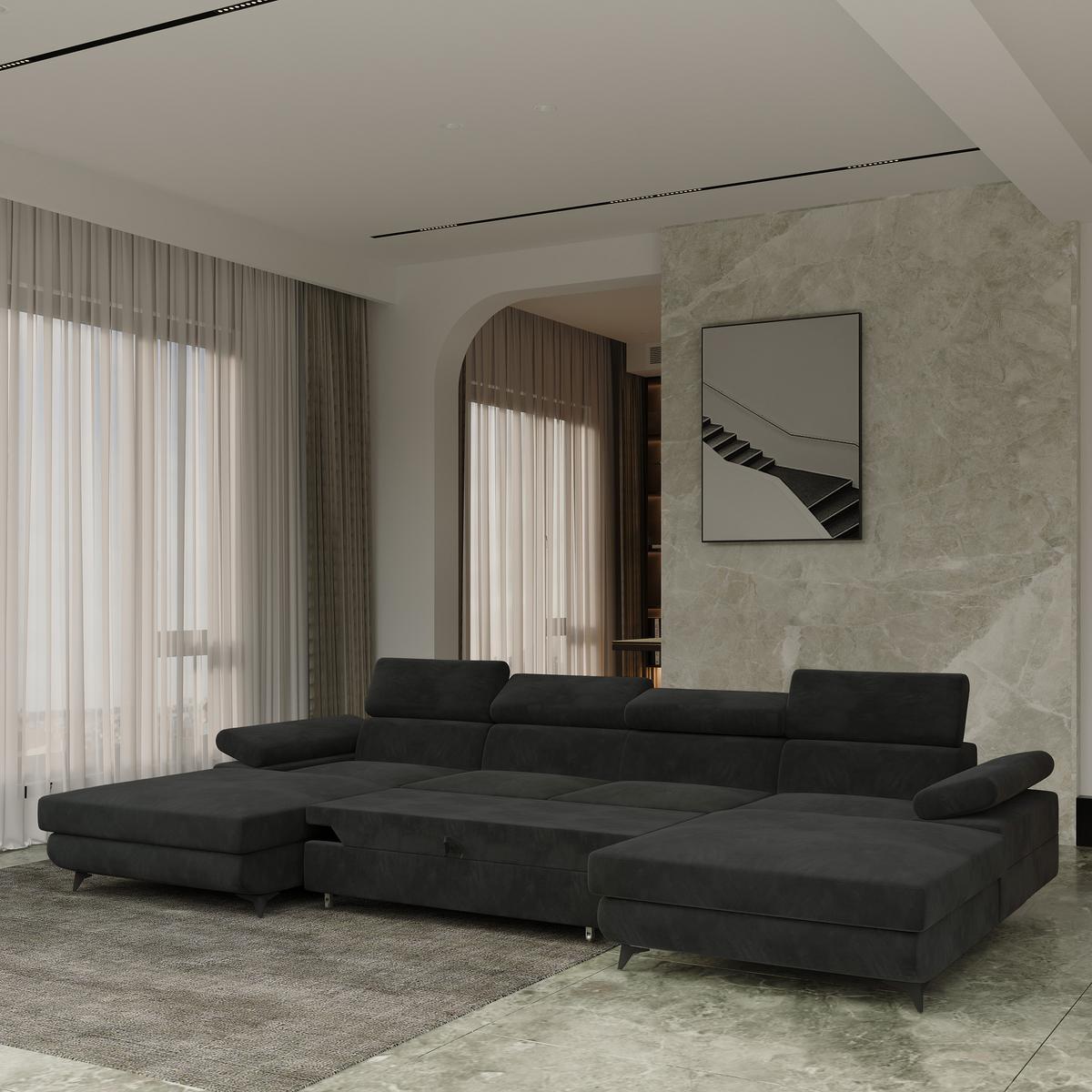 WOHNLANDSCHAFT DETTI Schwarz Velours-Stoff mit Schlaffunktion - Schwarz, Holz (339/89/190cm) - MASSENO
