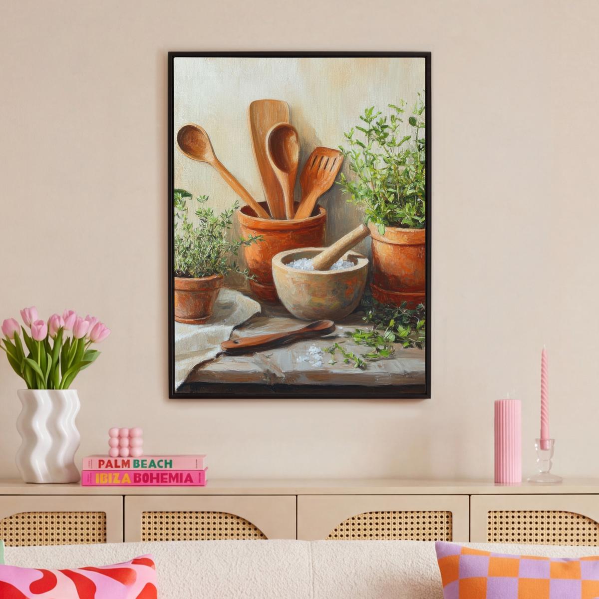 LEINWAND Bilder mit Rahmen - Töpfe - Kräuter - Holz - 70x100 - Terracotta, Textil (70/100cm) - MuchoWow