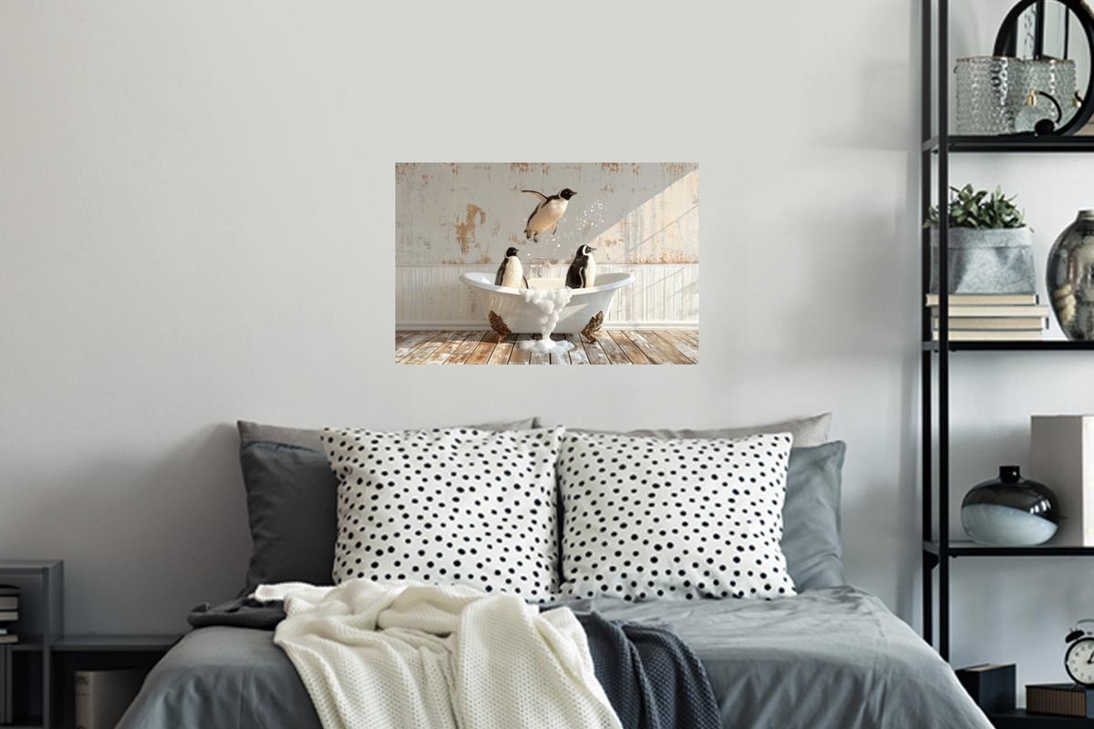 WANDTATTOO Vintage - Pinguin - Badewanne - Schaumstoff Deko Wohnzimmer 60x40 cm - Schwarz, Kunststoff (60/40/0.1cm) - MuchoWow