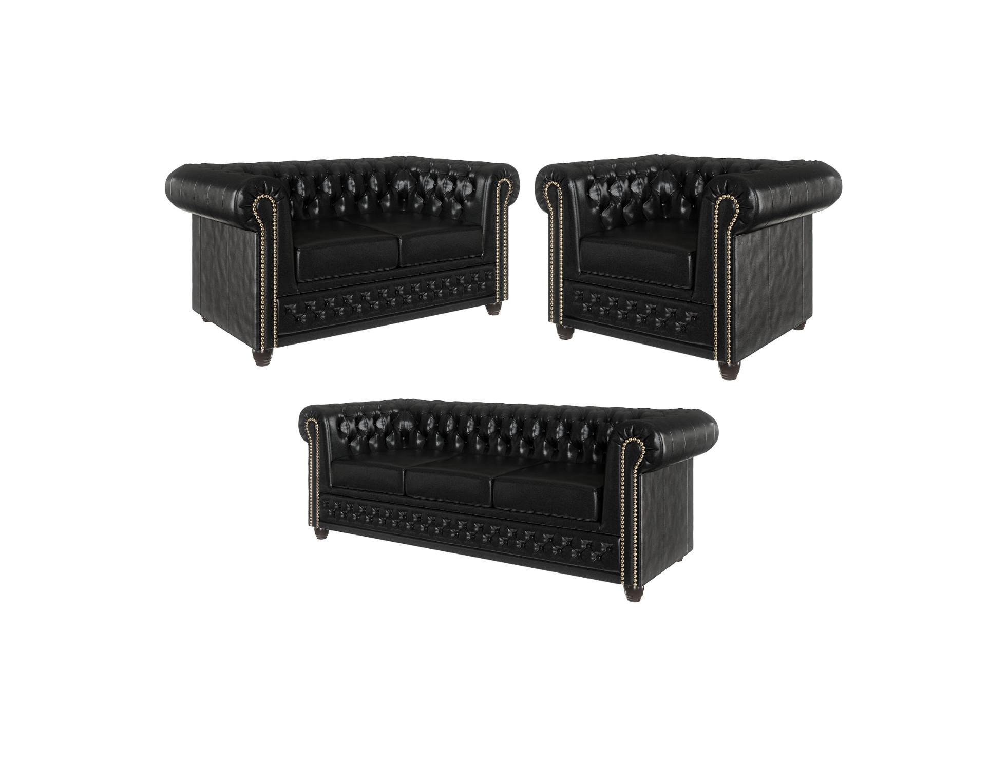 SITZGARNITUR 3+2+1 mit Schlaffunktion Chesterfield Morin Schwarz Vegan Leder - Schwarz/Braun, Buchenholz/Textil (203/72/86cm) - S-Style Möbel