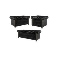 SITZGARNITUR 3+2+1 mit Schlaffunktion Chesterfield Morin Schwarz Vegan Leder - Schwarz/Braun, Buchenholz/Textil (203/72/86cm) - S-Style Möbel