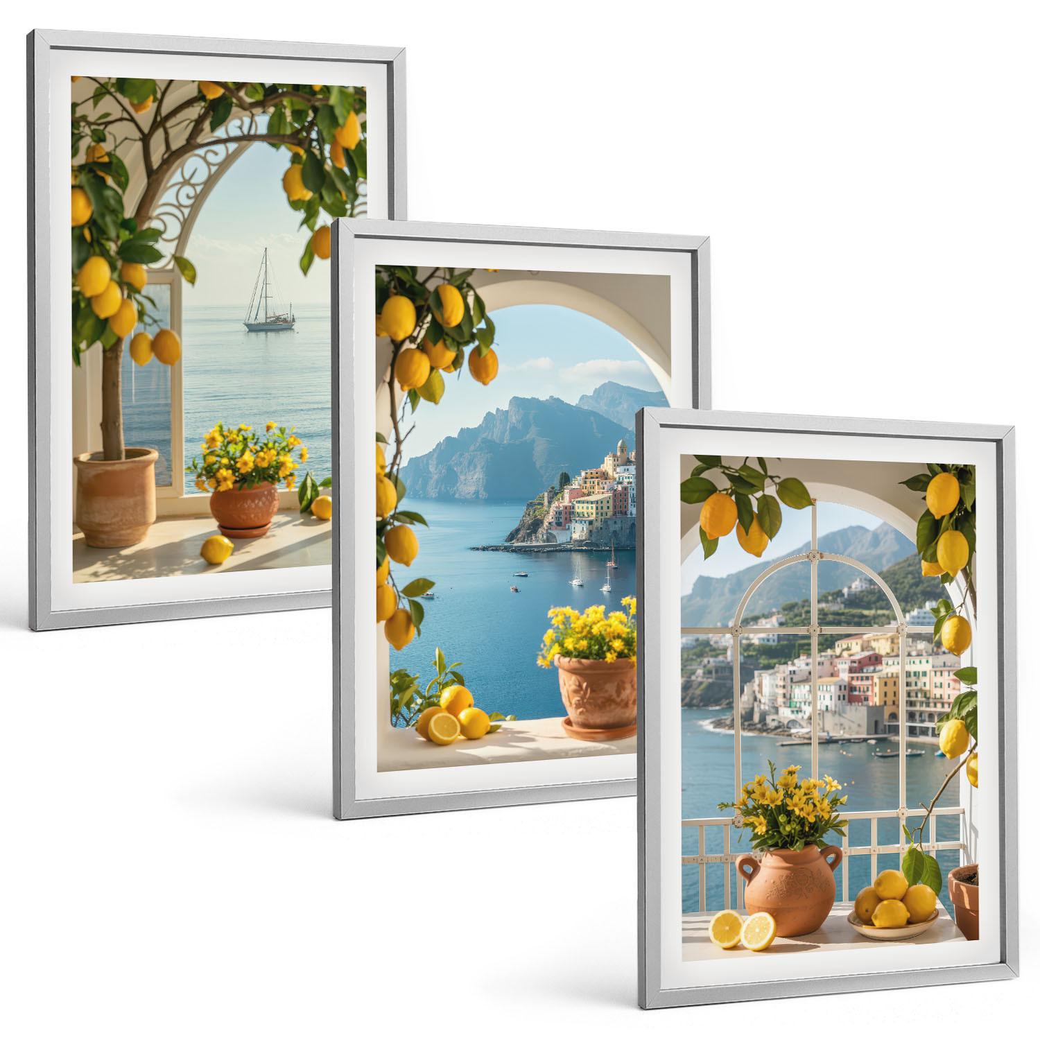 BILDER SET 3er Set - 40x60 cm Silberner Rahmen - Zitronenblumen aus der Küstenstadt - Silberfarben, Kunststoff (40/60cm) - TULUP