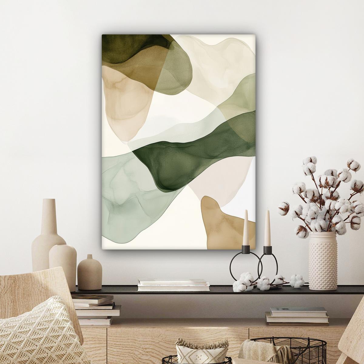 LEINWANDBILD Japandi - Abstrakt - Grün Wandbild Wohnzimmer 60x80 cm - Salbeigrün, Textil (60/80cm) - MuchoWow