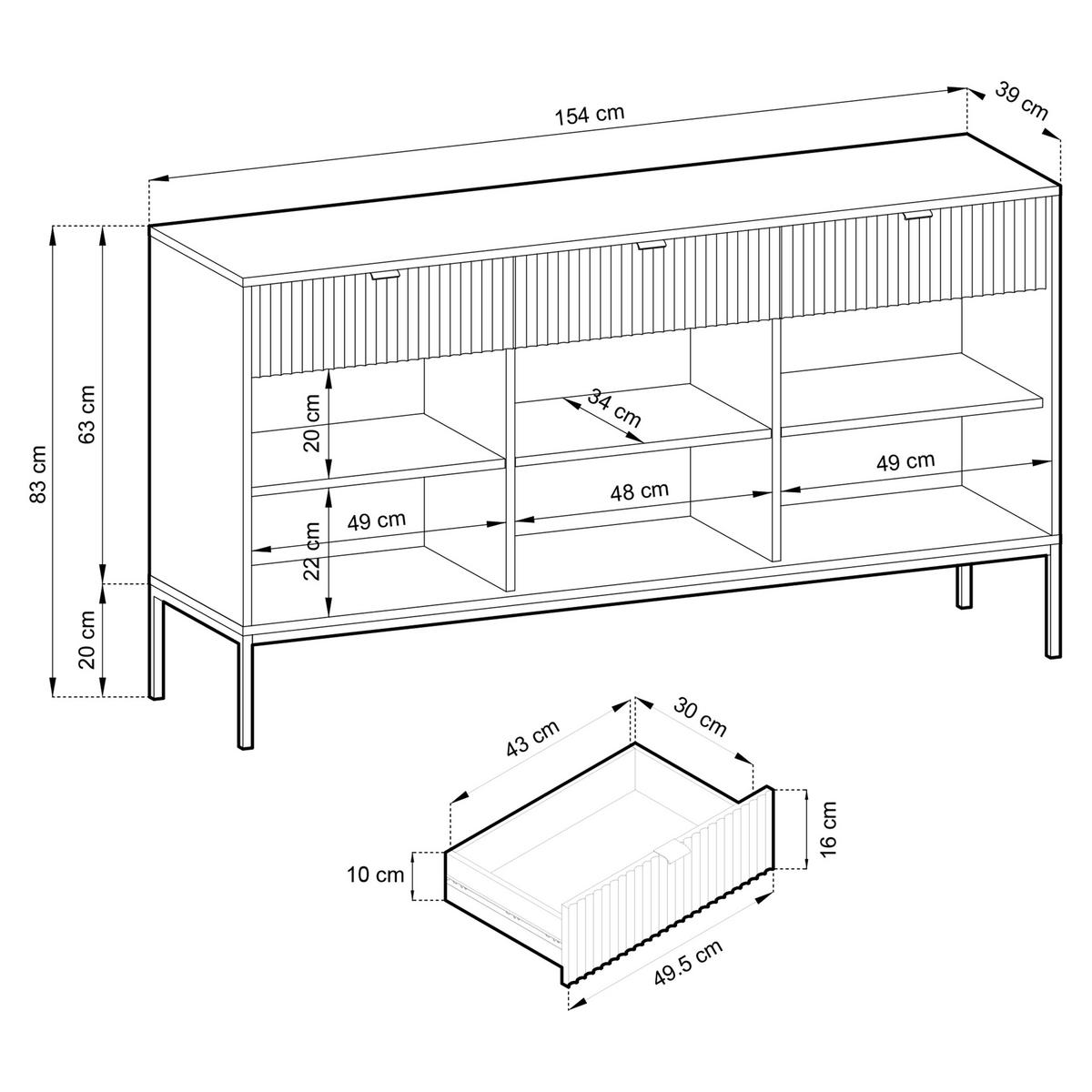 SIDEBOARD STELLARE 154/83/39 cm mit 3 Schubladen 3 Türen Grau - Grau, Holzwerkstoff (154/83/39cm) - MASSENO