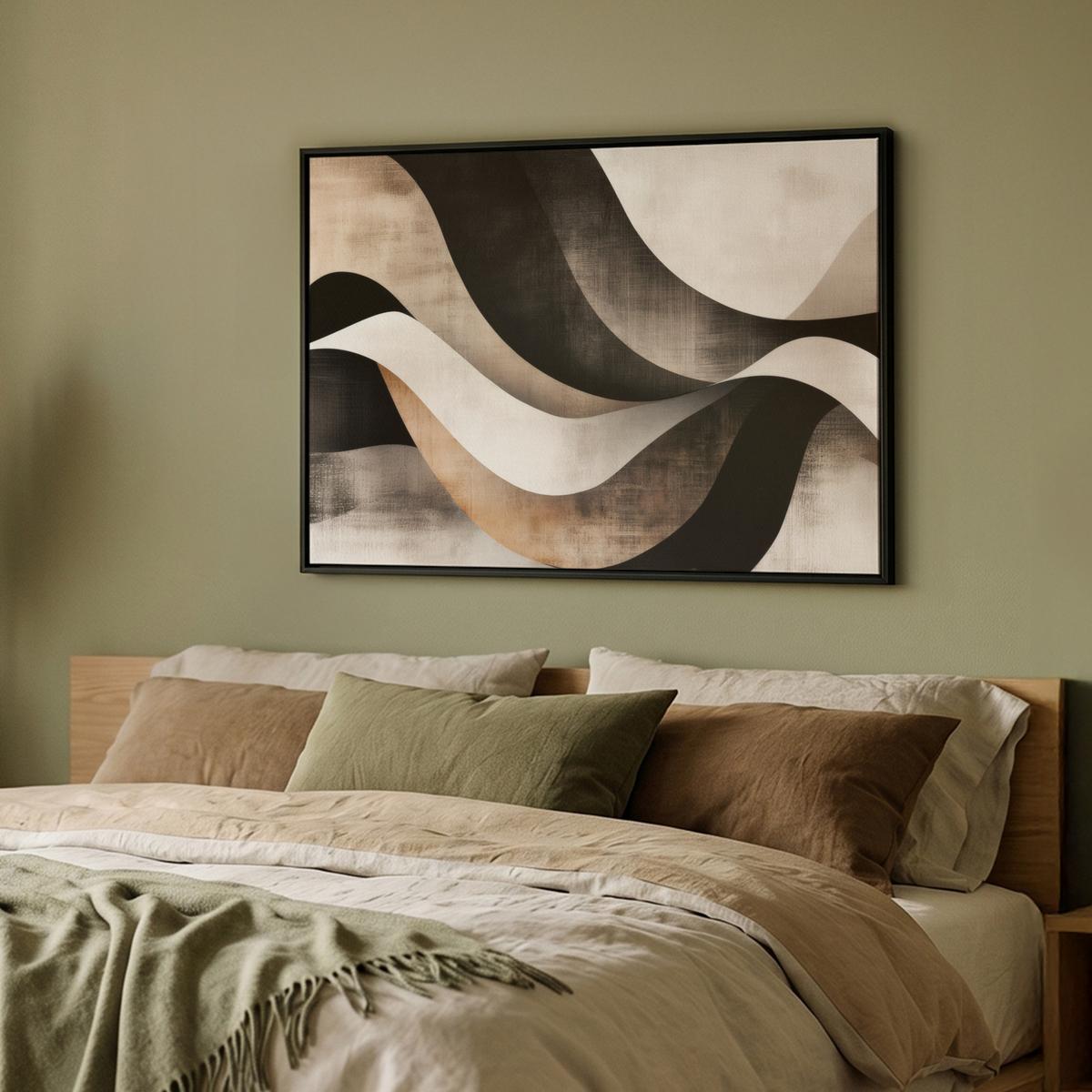 LEINWAND Bilder mit Rahmen - Abstrakt - Wellen - Schwarz - Verwittert - 100x70 - Trüffeleichefarben, Textil (100/70cm) - MuchoWow
