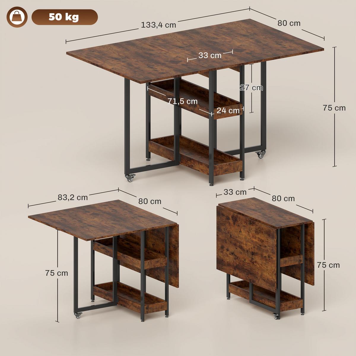 ESSTISCH Klappbar Küchentisch für 2-4 Personen mit 2 Offenen Ablagen, Rollen - Braun, Holz (133.4/80/75cm) - HOMCOM