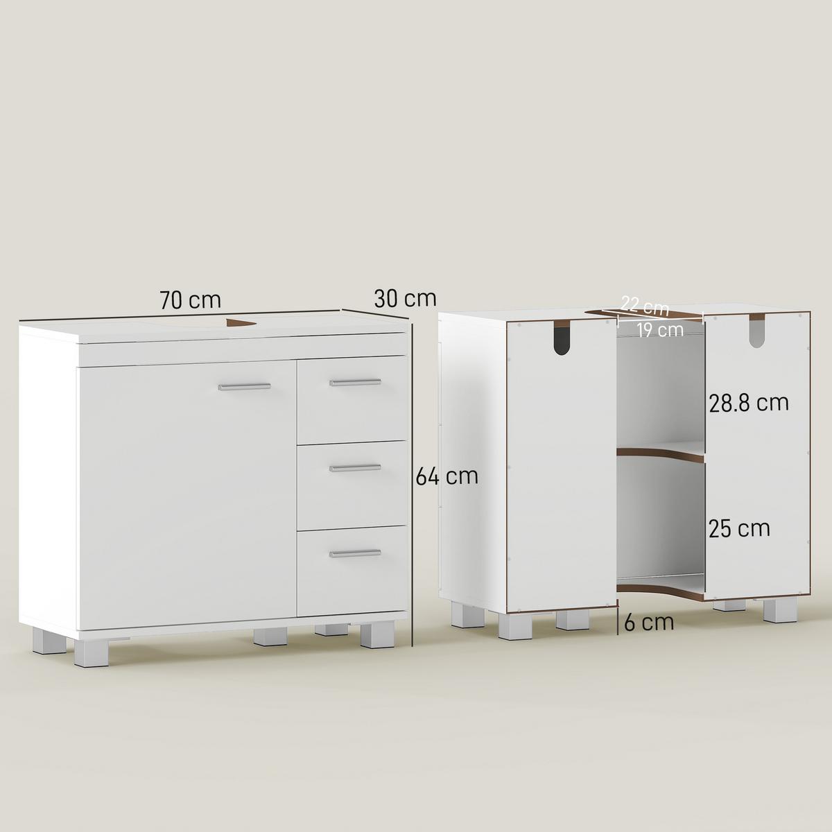 WASCHBECKENUNTERSCHRANK MDF Weiß - Silberfarben/Weiß, Holzwerkstoff/Kunststoff (30/64/70cm) - HOMCOM