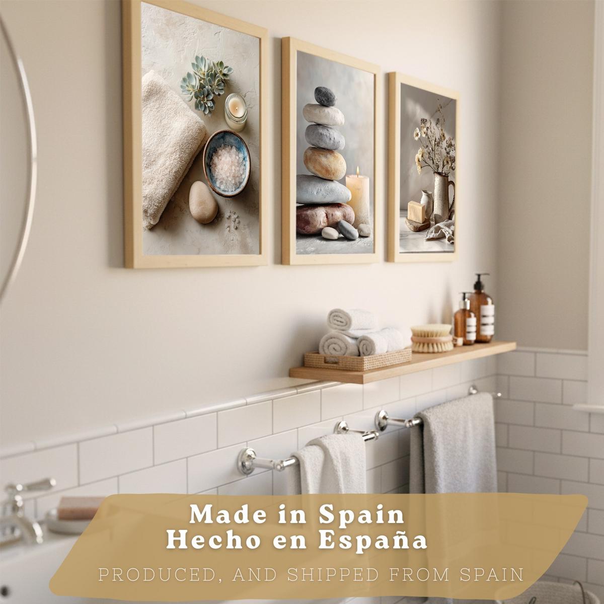 POSTER 3er-Set dekorative Badezimmer Kunstdrucke, Zen-Spa-Stil, minimalistische Bilder mit Steinen, Kerzen und Blumen, Leichter Holzrahmen A3 - Beige, Papier (42/29.7/3cm) - Nacnic