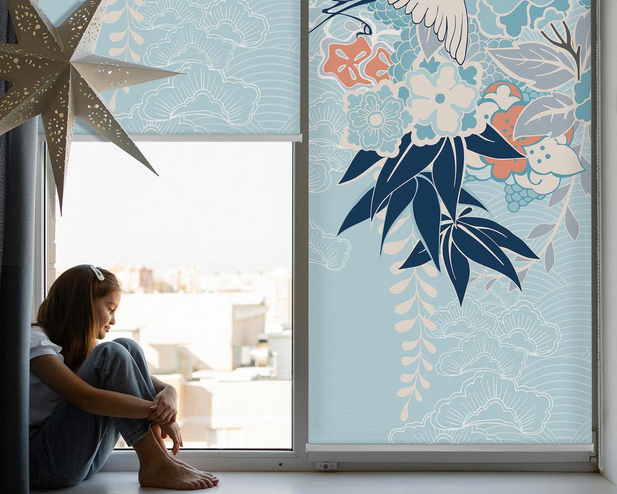 INNENROLLO - Fensterrollo - Rollo - 100x140 cm - Reiher in Blumen - Blau, Kunststoff (100/140/0.5cm) - TULUP
