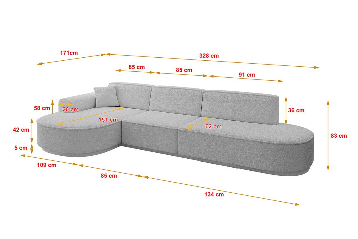 ECKSOFA Ottomane Links MARI-L2-v3 - 328x171x83 cm Hellgrau Bouclé - Hellgrau/Schwarz, Holzwerkstoff/Kunststoff (328/171cm) - ALTDECOR