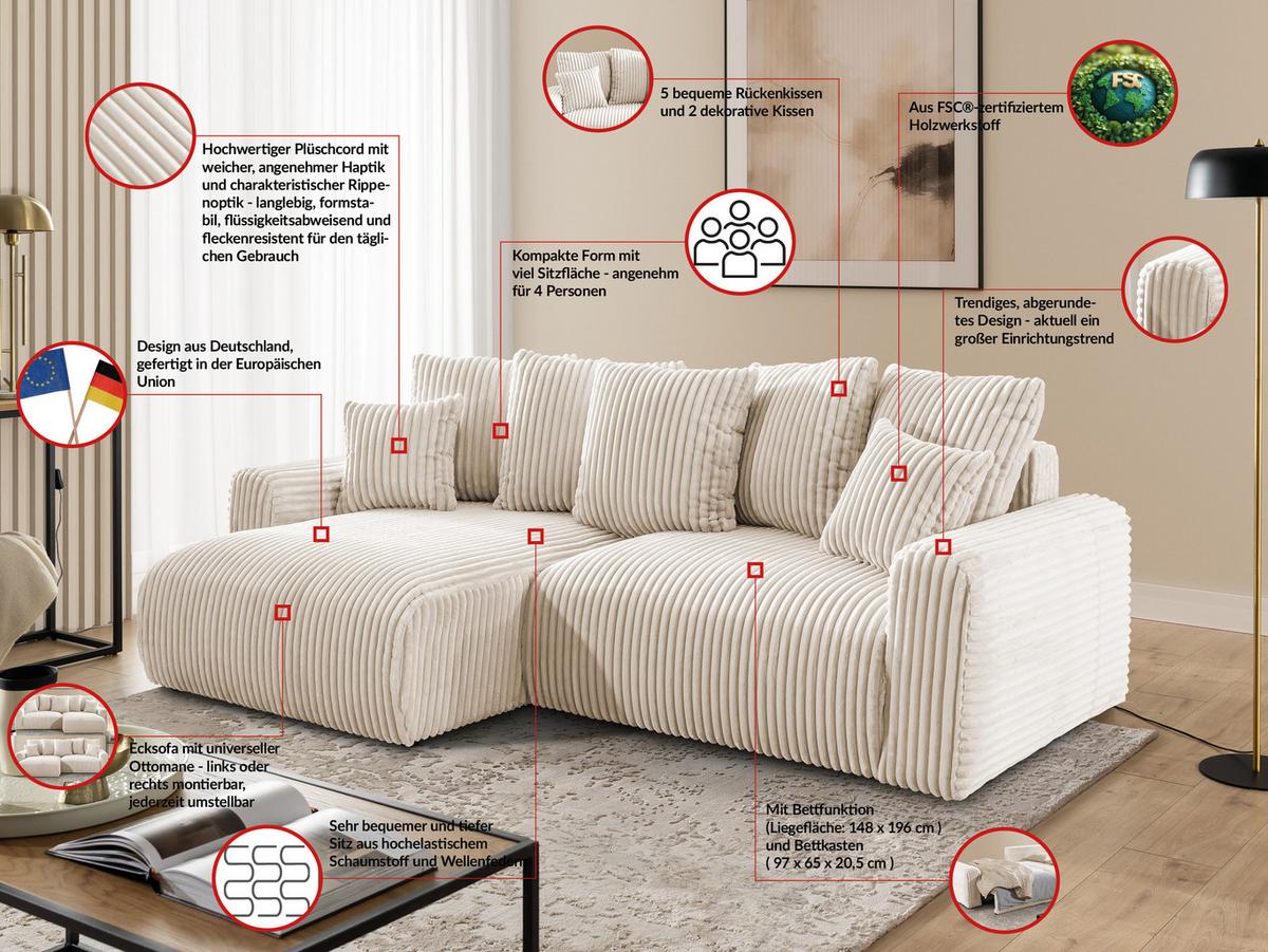 ECKSOFA Calma mit Schlaffunktion und Bettkasten im Bumpy-Design aus weichem Creme Plüschcord - Ottomane links - Creme/Schwarz, Holz/Kunststoff (239/140cm) - S-Style
