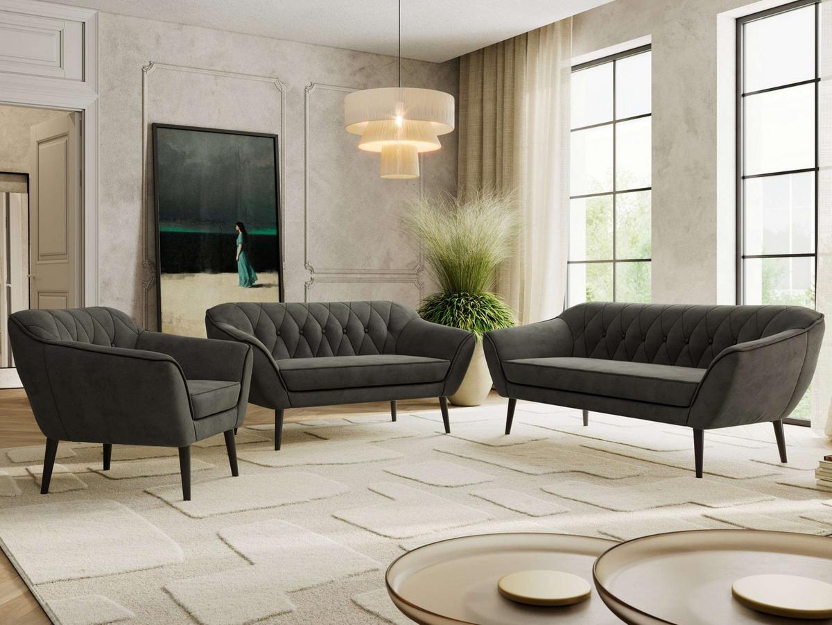 SITZGARNITUR PIRS 3+2+1 - Dunkelgrau Velvet - Schwarze Beine - Dunkelgrau/Schwarz, Holzwerkstoff/Textil (180/75/74cm) - MKS