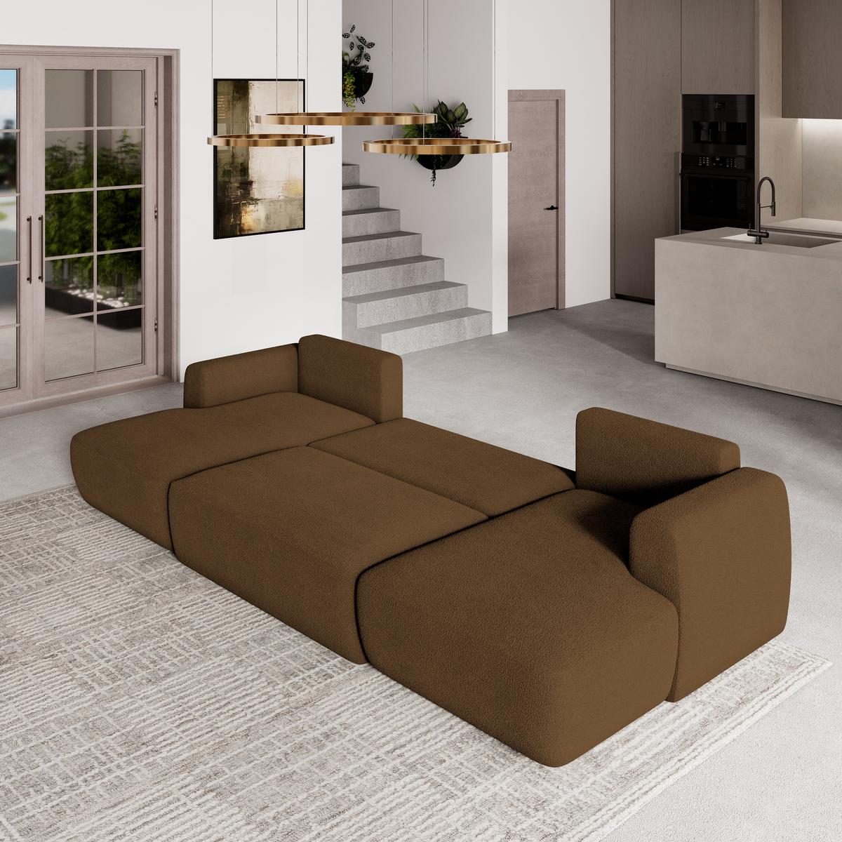 WOHNLANDSCHAFT SENTUM N Braun Boucle-Stoff mit Schlaffunktion - Schwarz/Braun, Holz/Kunststoff (330/90/148cm) - MASSENO