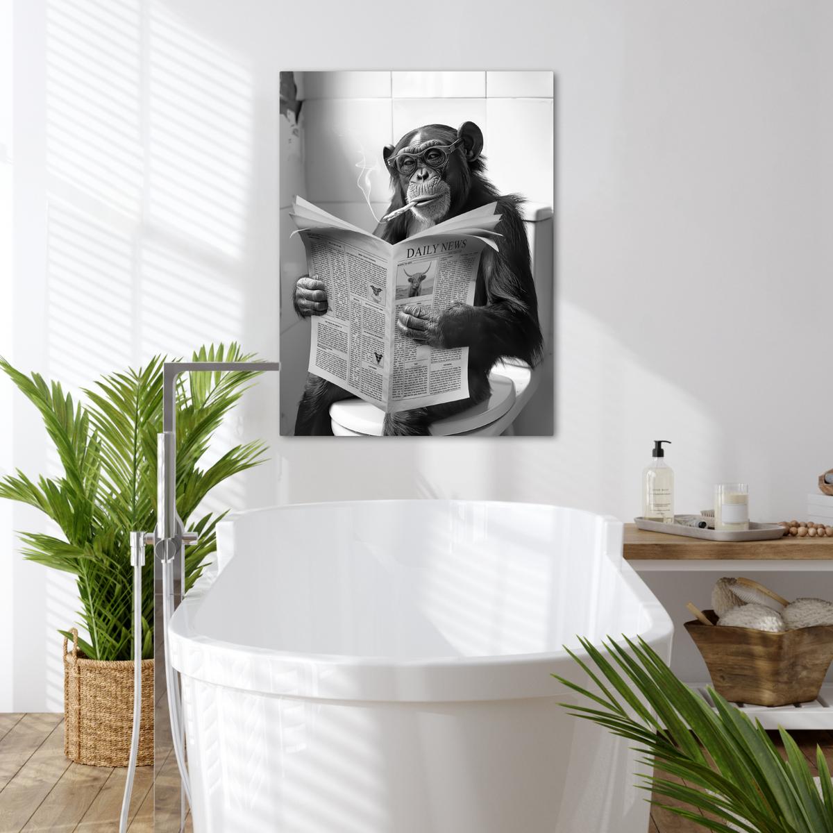 LEINWANDBILD Affe - WC - Zeitung - Schwarz-Weiß - Humor Wandbild Wohnzimmer 50x70 cm - Hellgrau, Textil (50/70cm) - MuchoWow