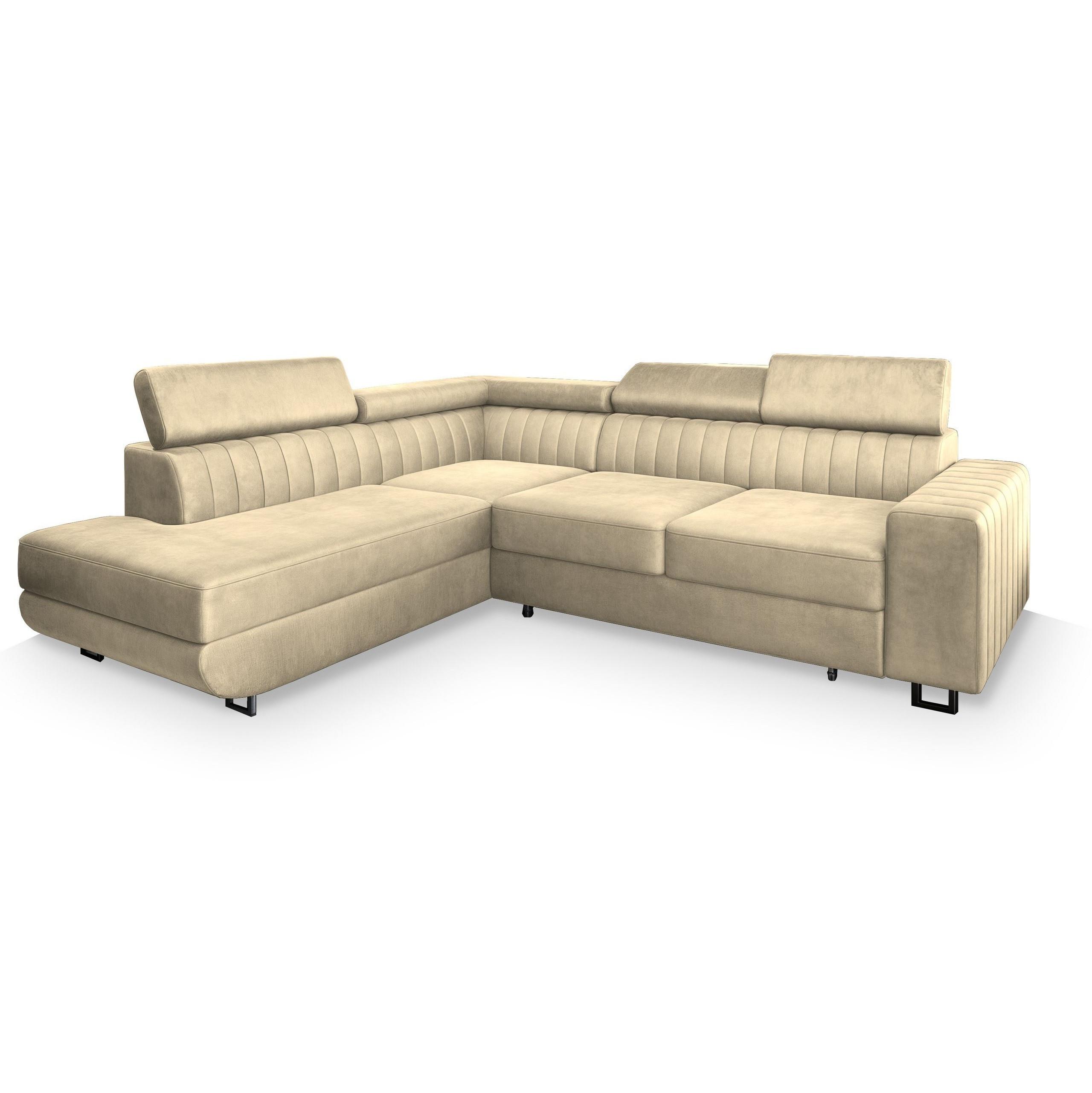 ECKSOFA NOLA L-S Creme Velours-Stoff mit Schlaffunktion - Silberfarben/Creme, Holz/Textil (253/190cm) - MASSENO