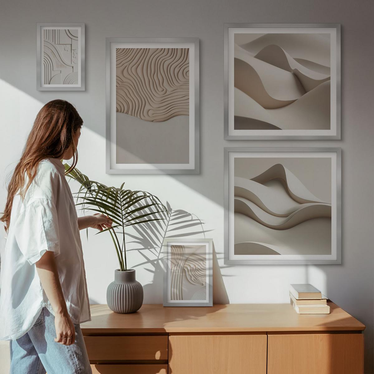 BILDER SET 5er Set - 50x50 cm & 20x30 cm & 40x60 cm Silberner Rahmen - Abstrakte Wellen auf dem Sand - Silberfarben, Kunststoff (40/60cm) - TULUP