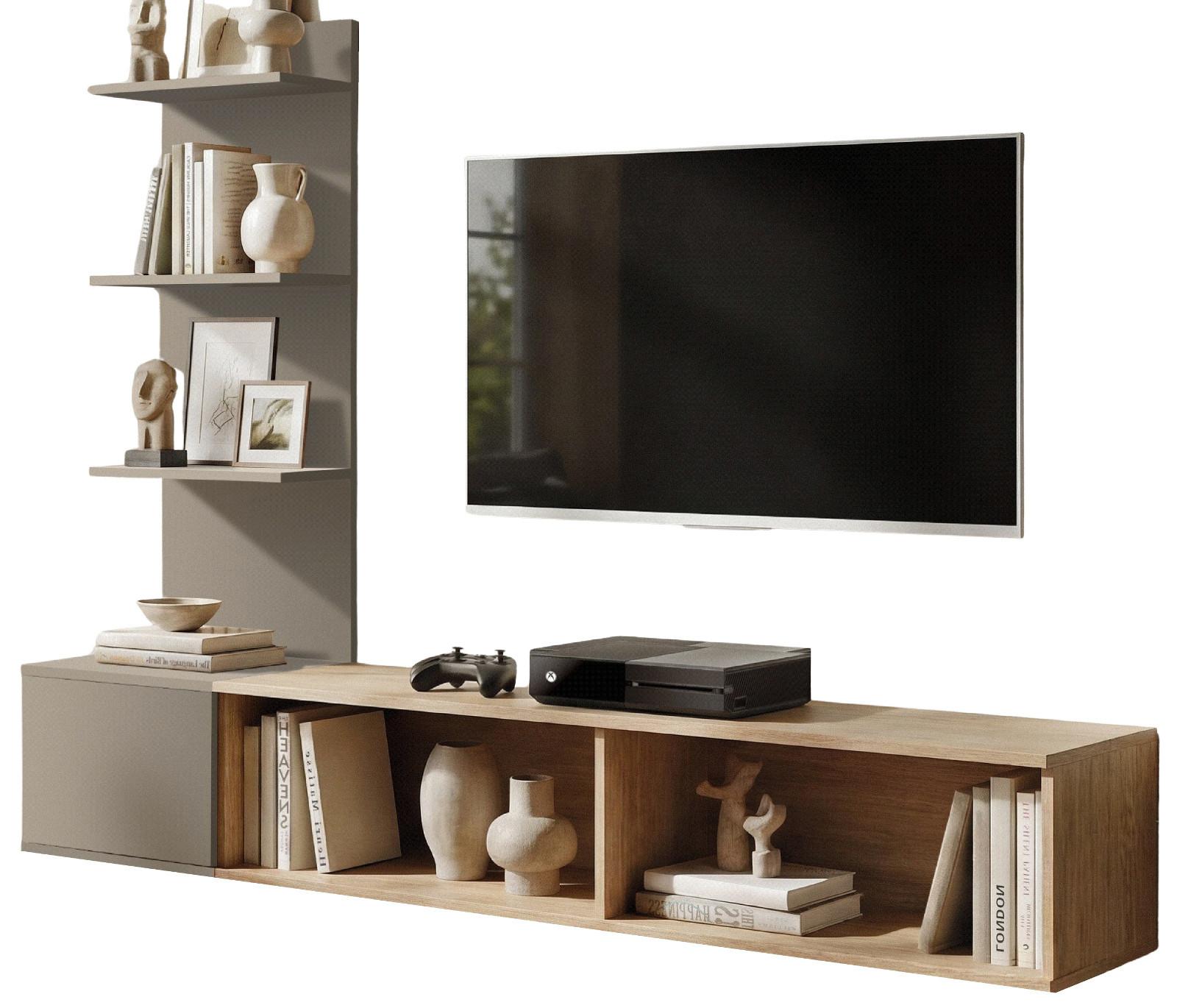 TV-LOWBOARD Eiche mit Lehm-Grau 180 cm hängend, TV Unterschrank Set mit Paneel und Regal - Eichefarben/Hellgrau, Holzwerkstoff (180/130/40cm) - Inn.Furn