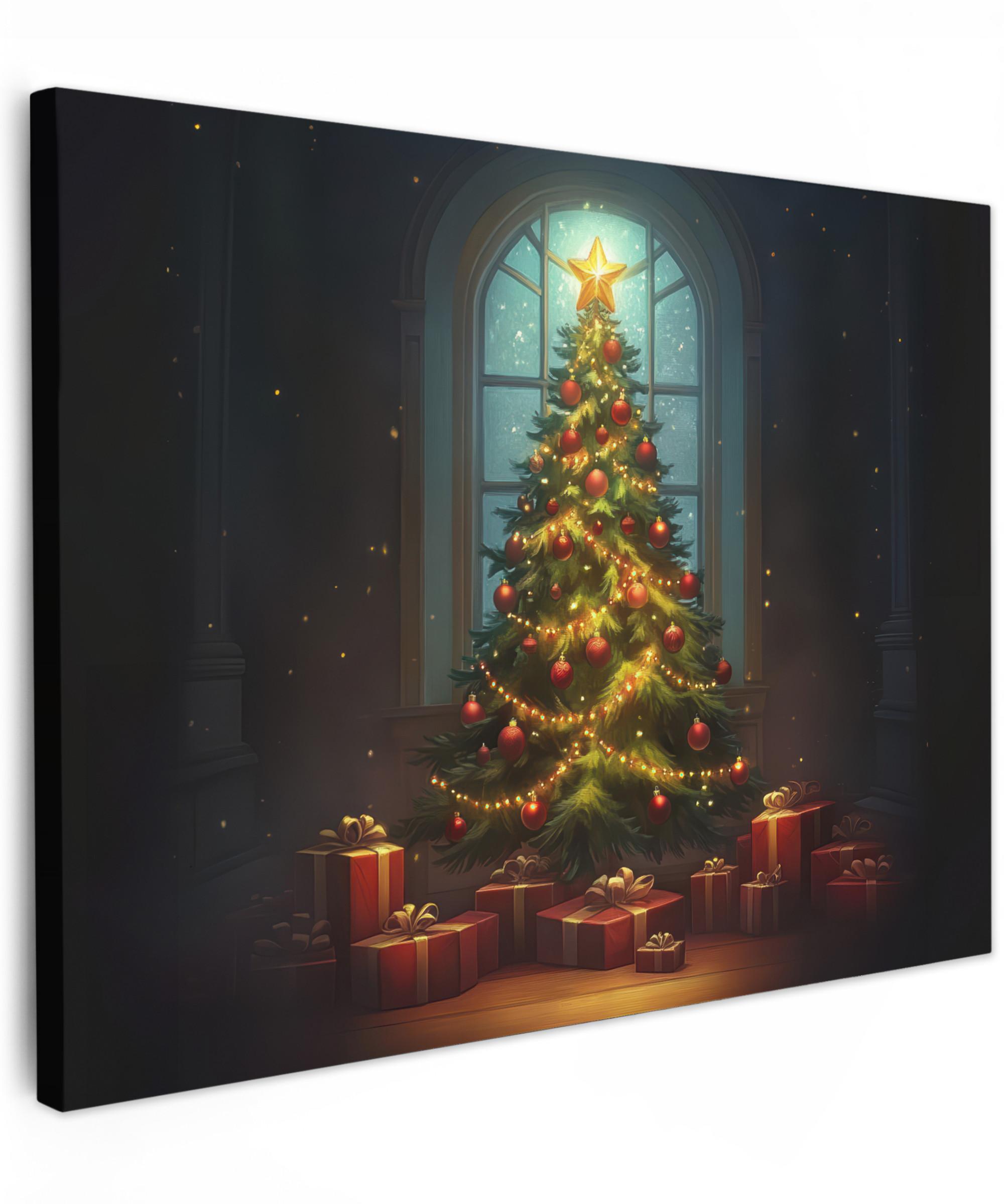 LEINWANDBILD Weihnachtsbaum - Geschenk - Winter Wandbild 40x30 cm - Grün, Textil (40/30cm) - MuchoWow