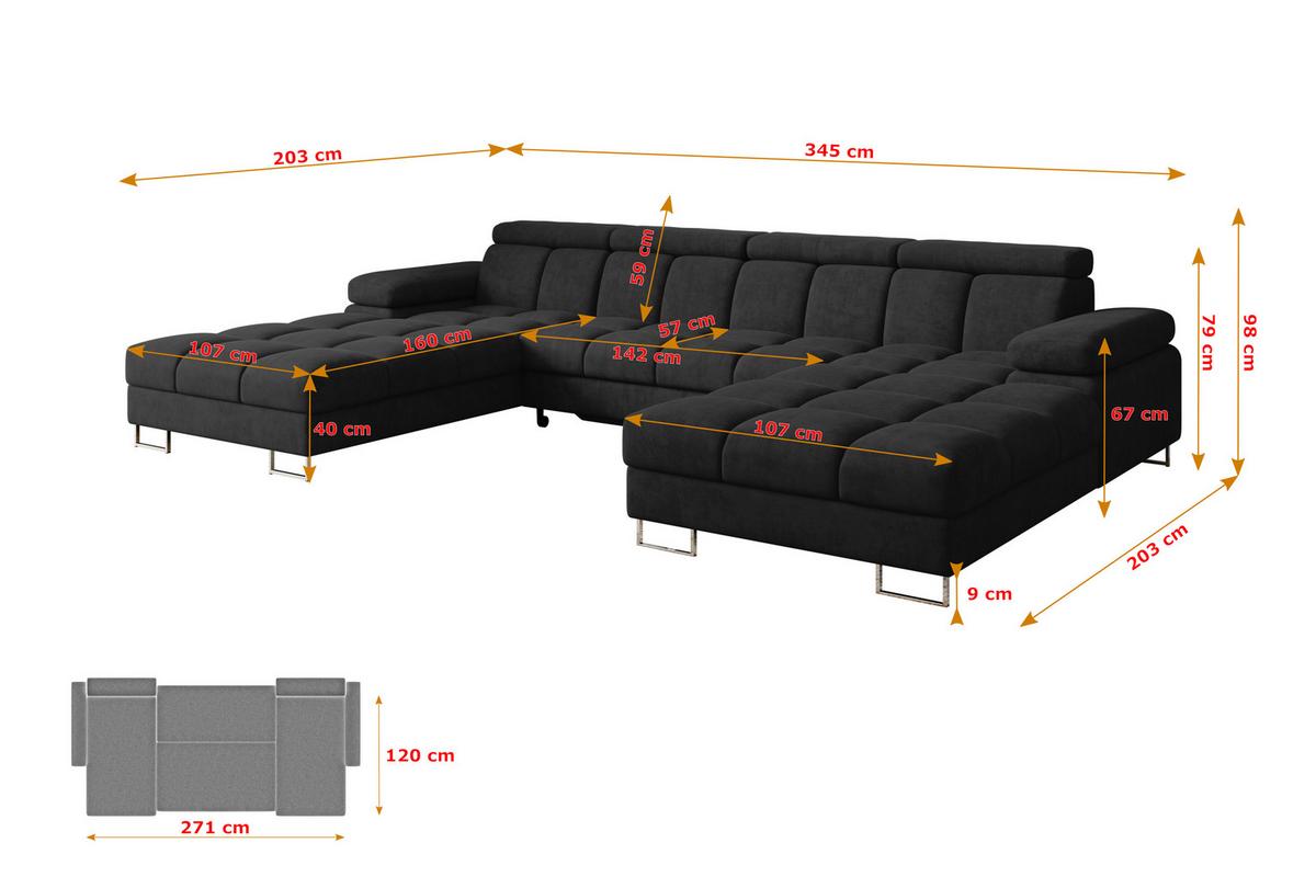 WOHNLANDSCHAFT mit Schlaffunktion und Bettkasten COMA U2 345x203x79 Schwarz Velours - Schwarz, Holzwerkstoff/Textil (345/79/203cm) - ALTDECOR