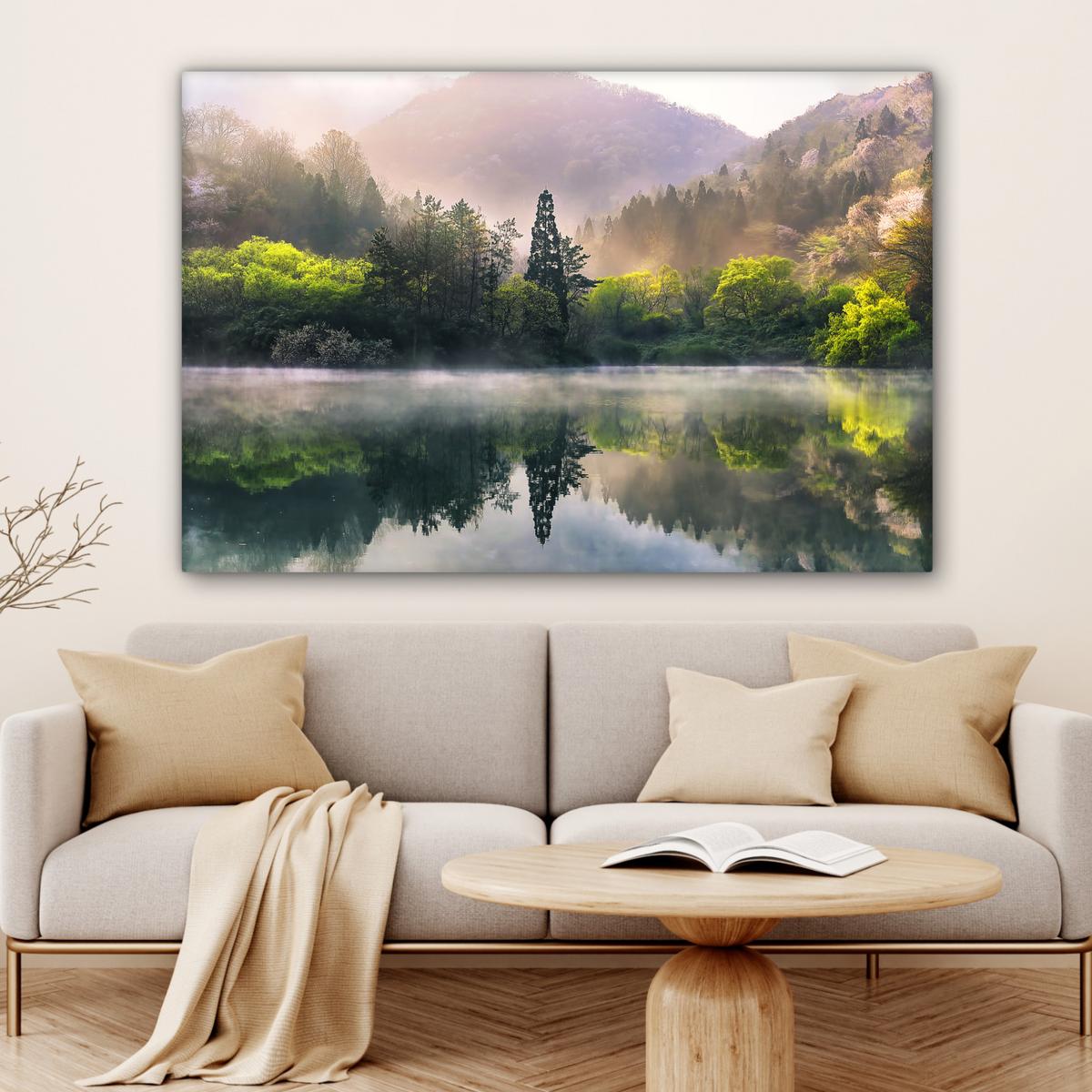 LEINWANDBILD Natur - Bäume - Berge - See - Wasser Groß 140x90 cm - Hellgrün, Textil (140/90cm) - MuchoWow