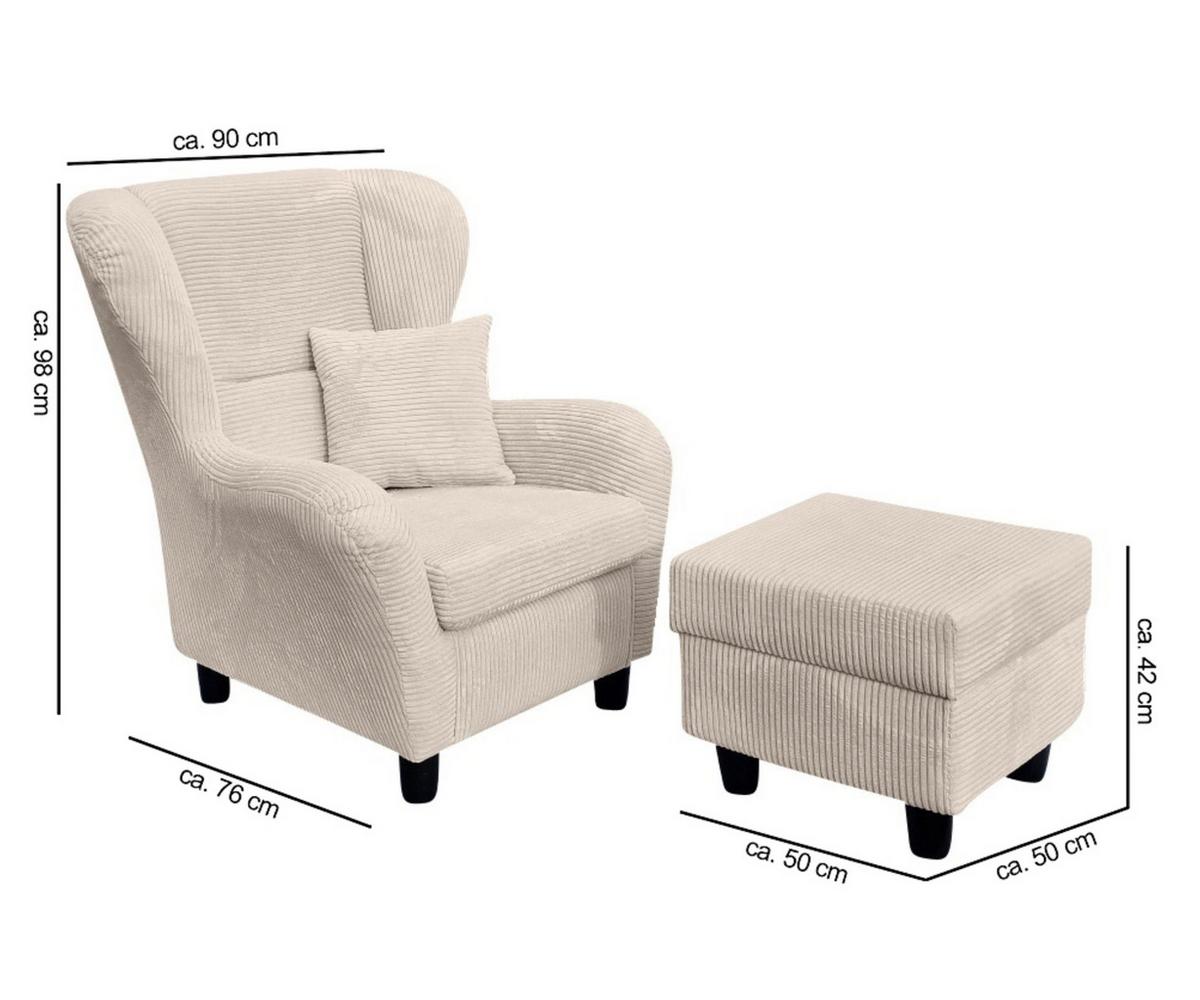 OHRENSESSEL mit HOCKER, hoher Sitzkomfort durch Wellenunterfederung B90/H98/T76 cm, Cord Beige Creme / 18017 - Beige/Schwarz, Holz/Textil (90/98/76cm) - luma-home