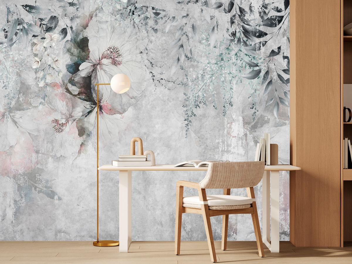 FOTOTAPETE für Büro Zarte Blätter Grau Betonwand Blumen Natur 150x105 - Grau, Papier (150/105cm) - Muralo