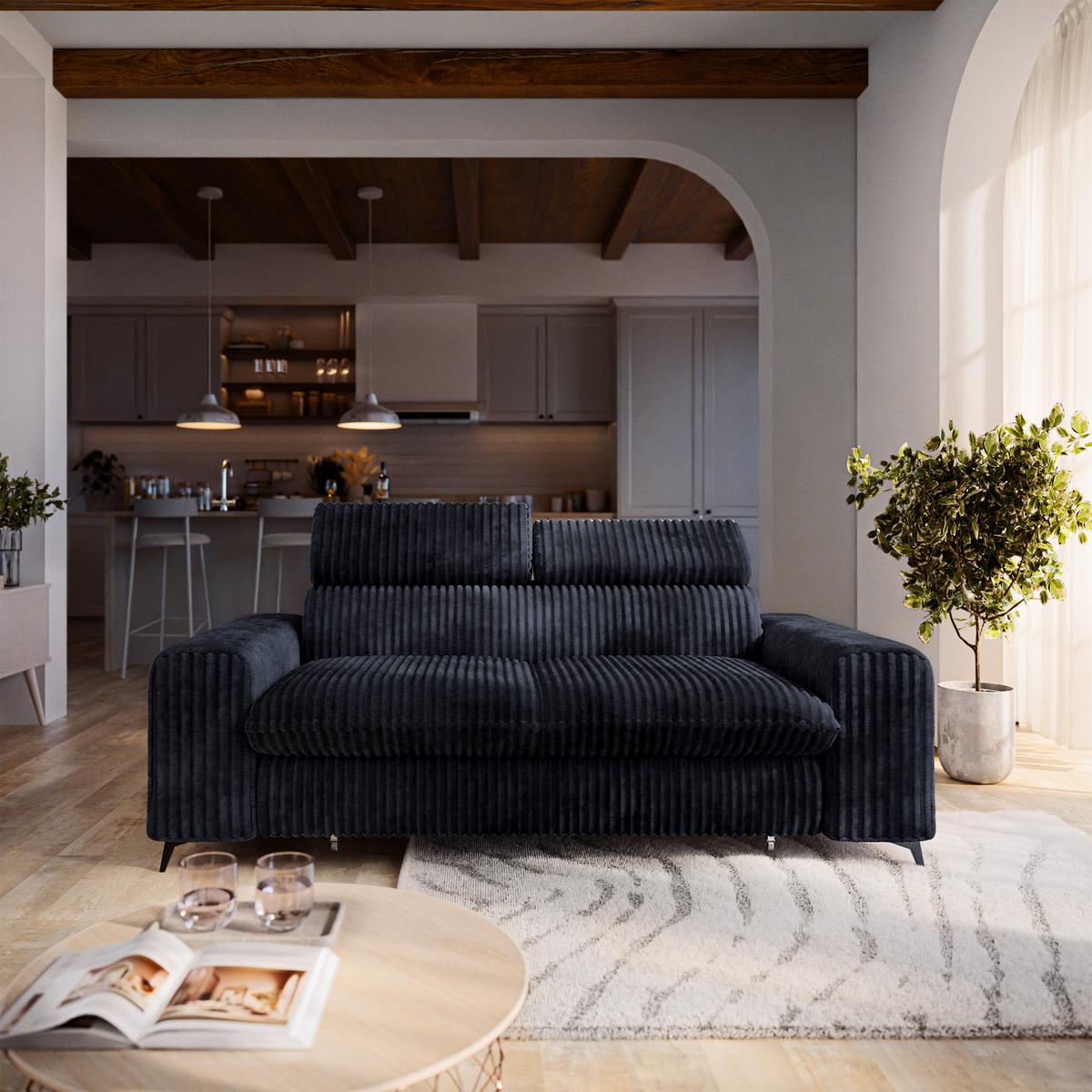 BETTSOFA BENETE Schwarz Cordstoff mit Schlaffunktion - Schwarz, Holz/Textil (191/89/92cm) - MASSENO