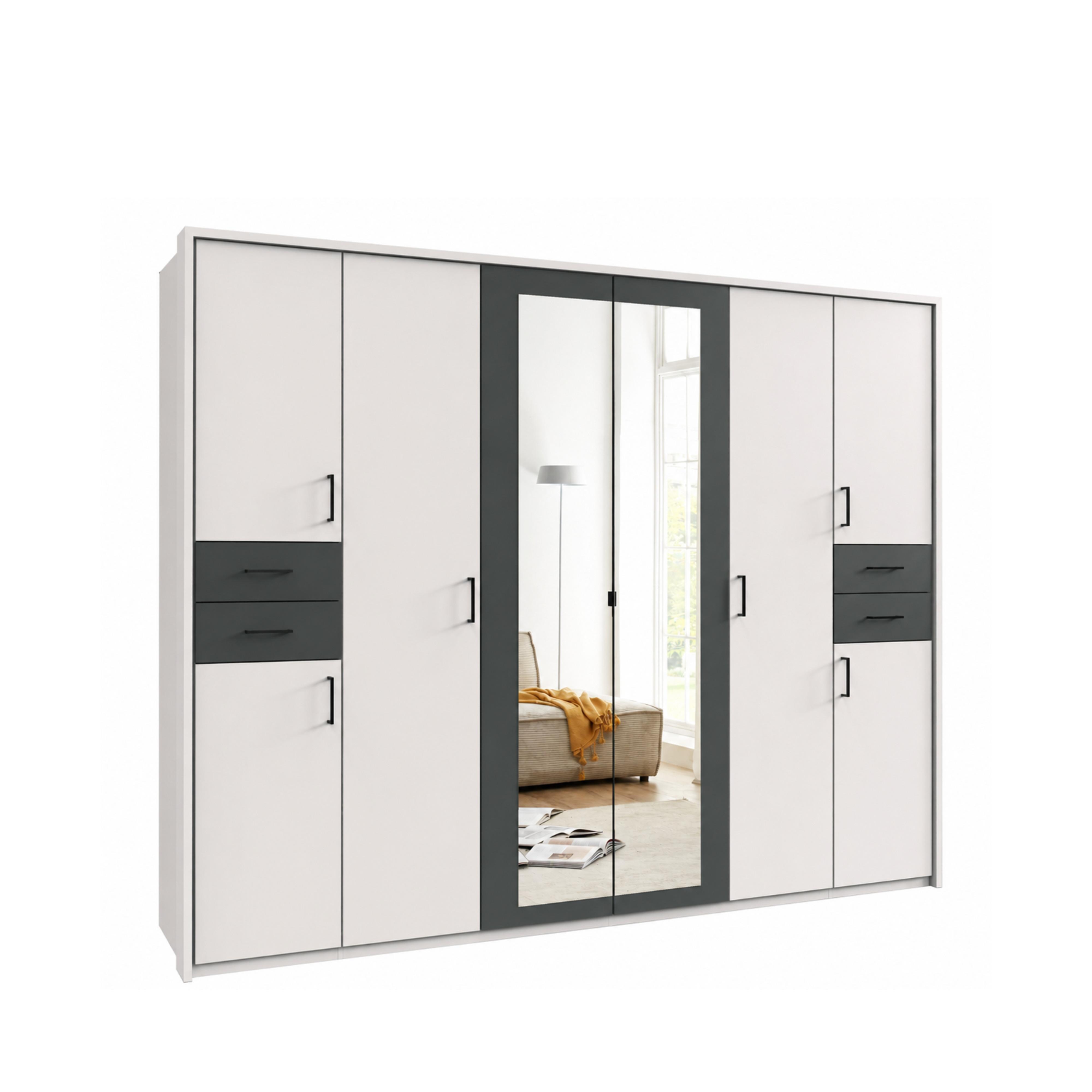 DREHTÜRENSCHRANK B273/H210/T58 cm, Weiß mit Absetzungen in Grafit, Kleiderschrank mit Passepartout&2Spiegeltüren&Schubkästen, Griffe schwarz / 22578 - Graphitfarben/Schwarz, Holzwerkstoff/Kunststoff (273/210/58cm) - luma-home