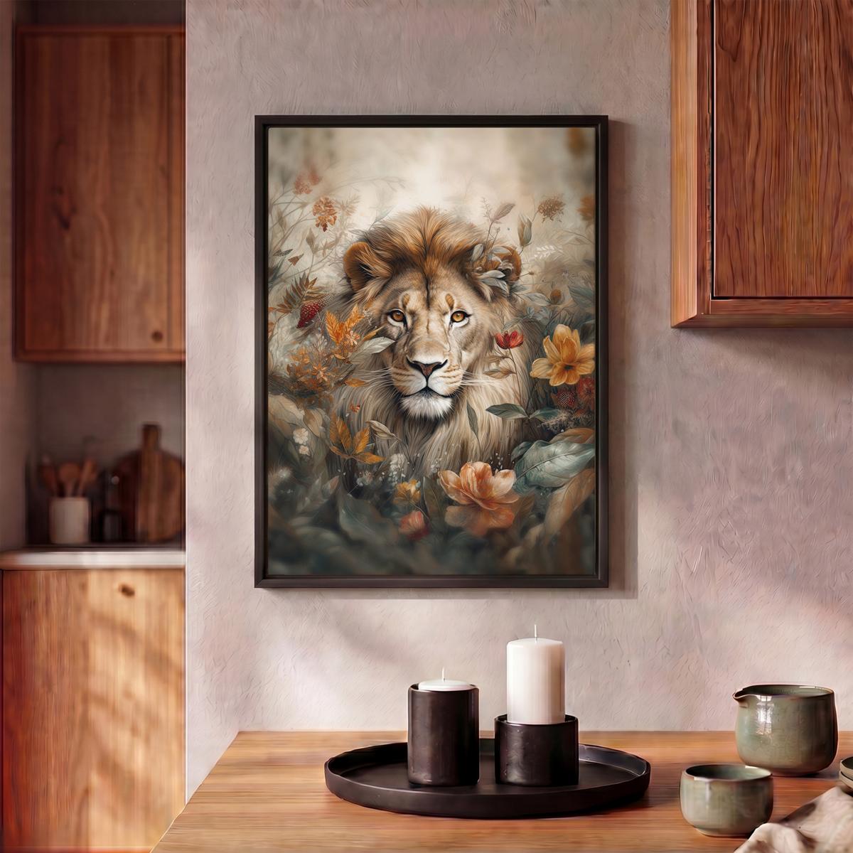 LEINWAND Bilder mit Rahmen - Löwe - Wildtiere - Pflanzen - Natur - Blumen - 30x40 - Beige, Textil (30/40cm) - MuchoWow
